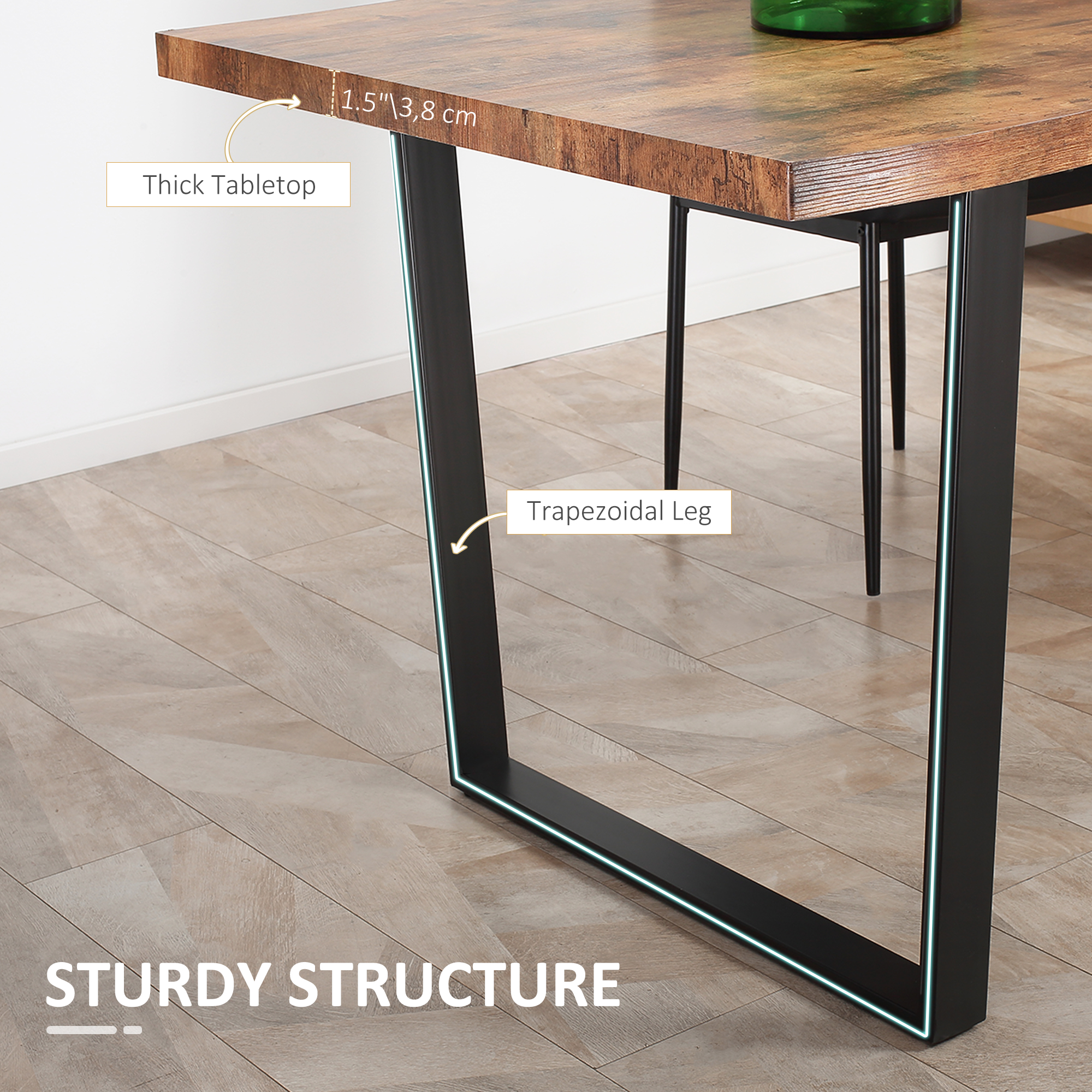 63" Kitchen Table, Industrial Dining Table with Wave-edged Tabletop and Steel Legs for Up to 6 People, Rustic Brown - Image 4