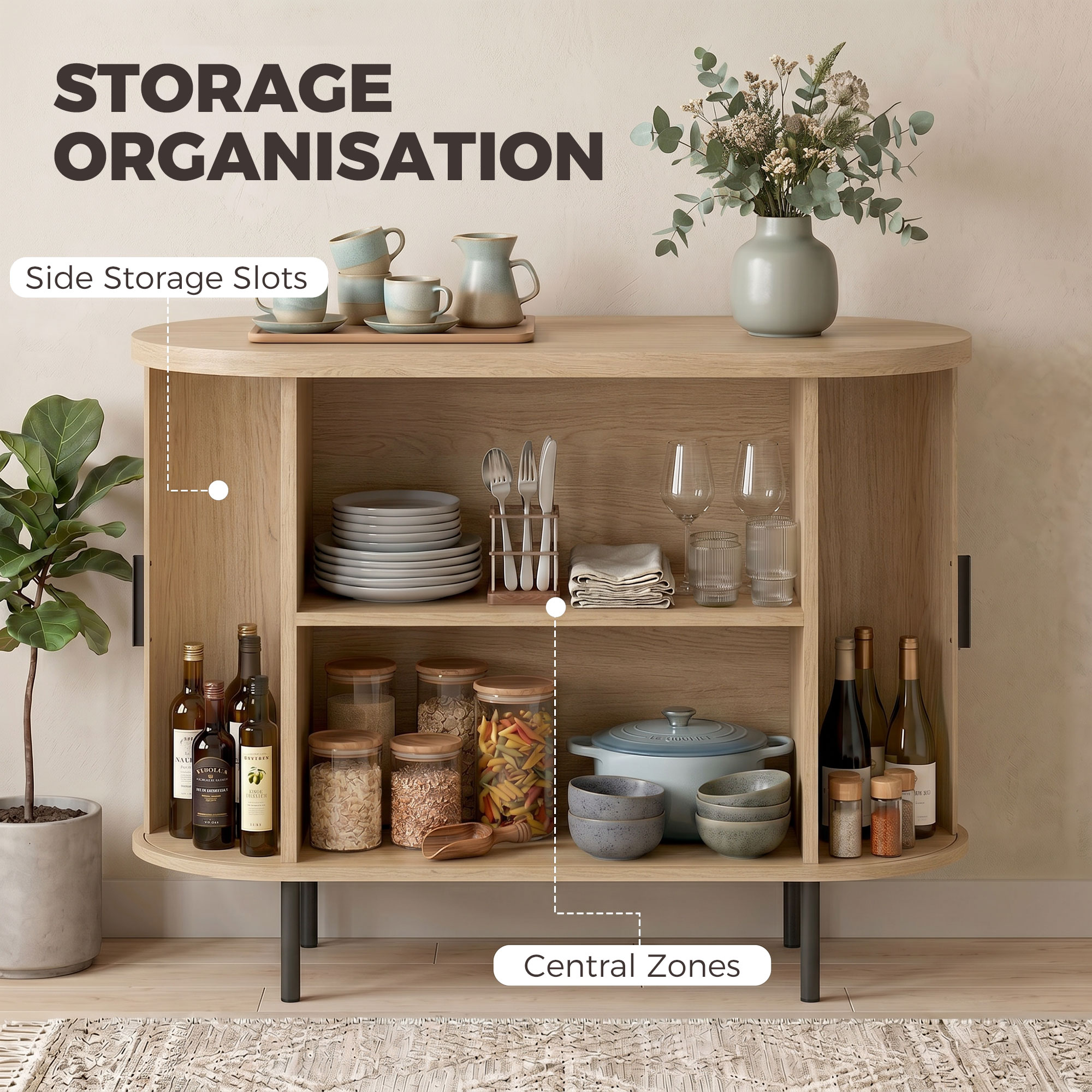 Sideboard Buffet Cabinet with Curved Tambour Doors and Storage, Natural Wood - Image 3