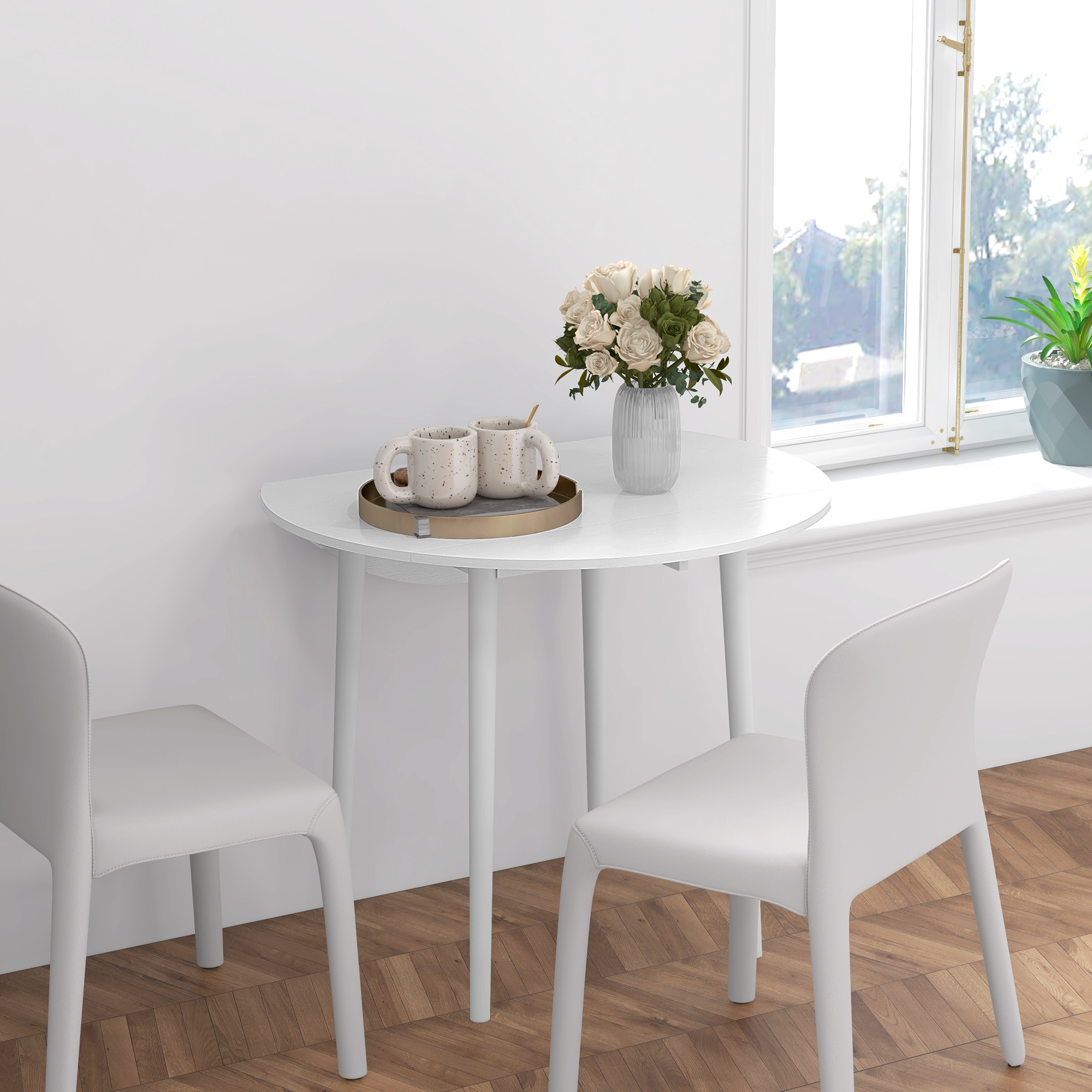 Folding Dining Table, Round Drop Leaf Kitchen Table for Small Spaces with Wood Legs, Distressed White - Image 6