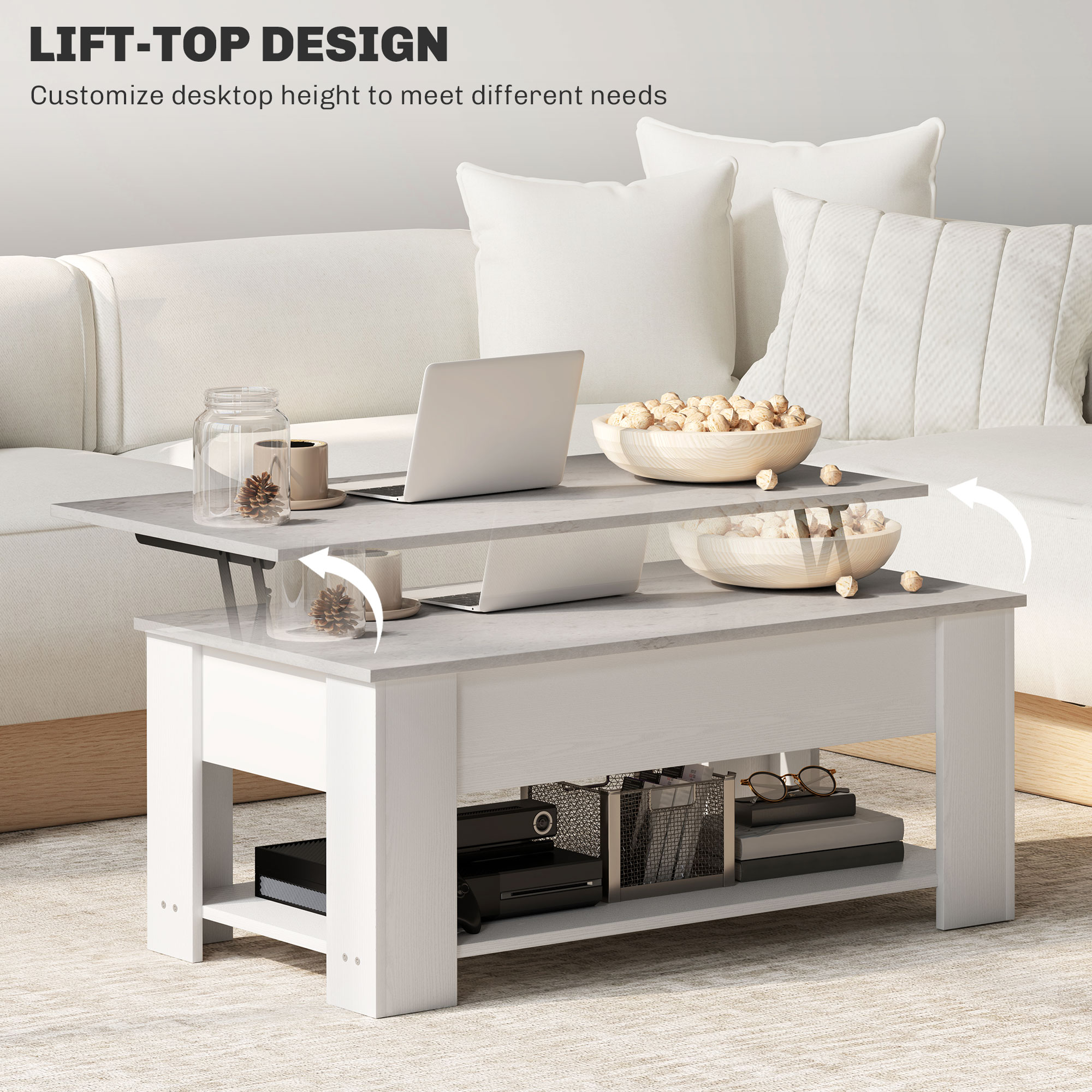 Lift Top Coffee Table with Hidden Storage Compartment and Open Shelf, Center Table for Living Room, White - Image 2