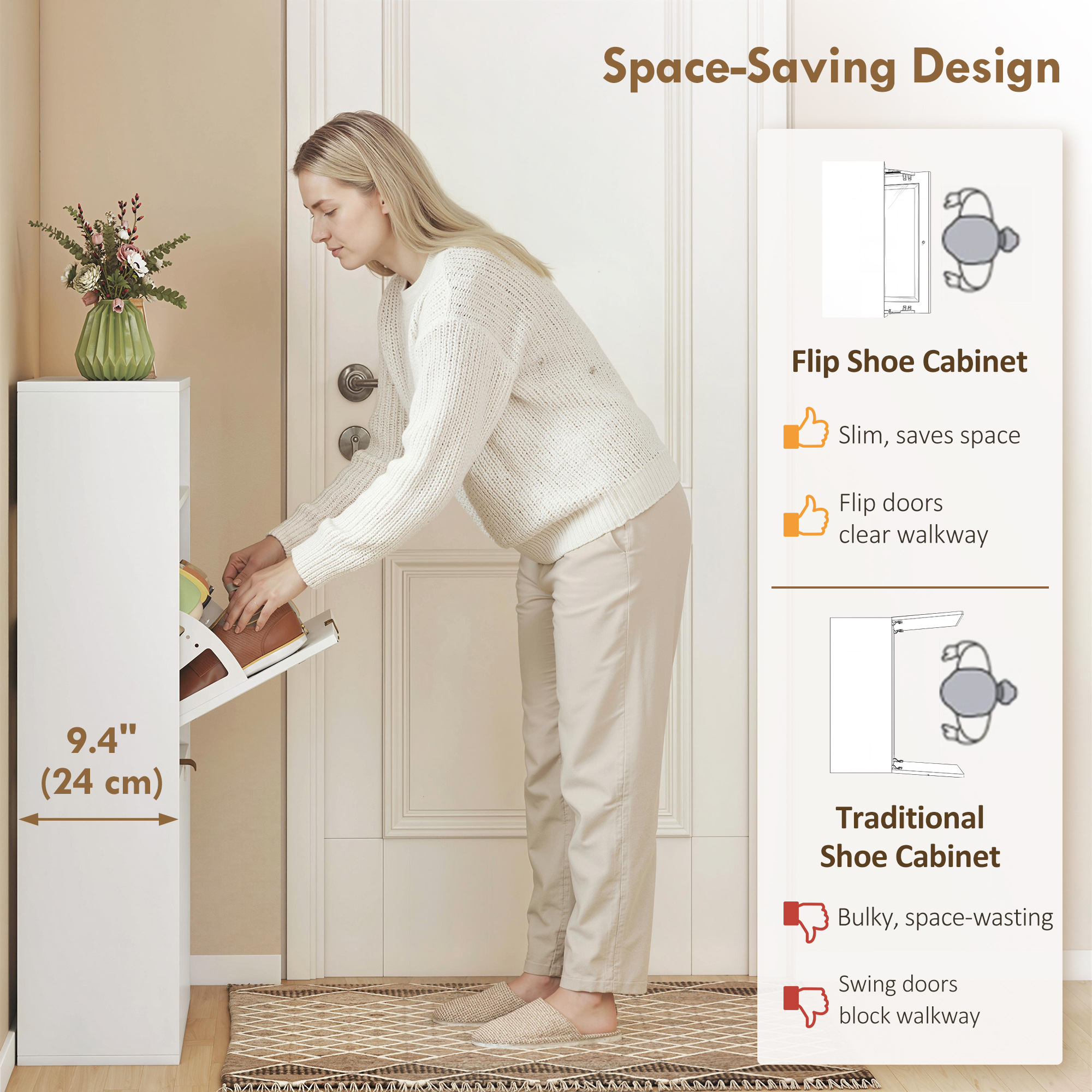 Shoe Cabinet with 2 Flip Drawers Narrow Shoe Storage Cabinet with Top Shelf for Entryway Hallway White - Image 2