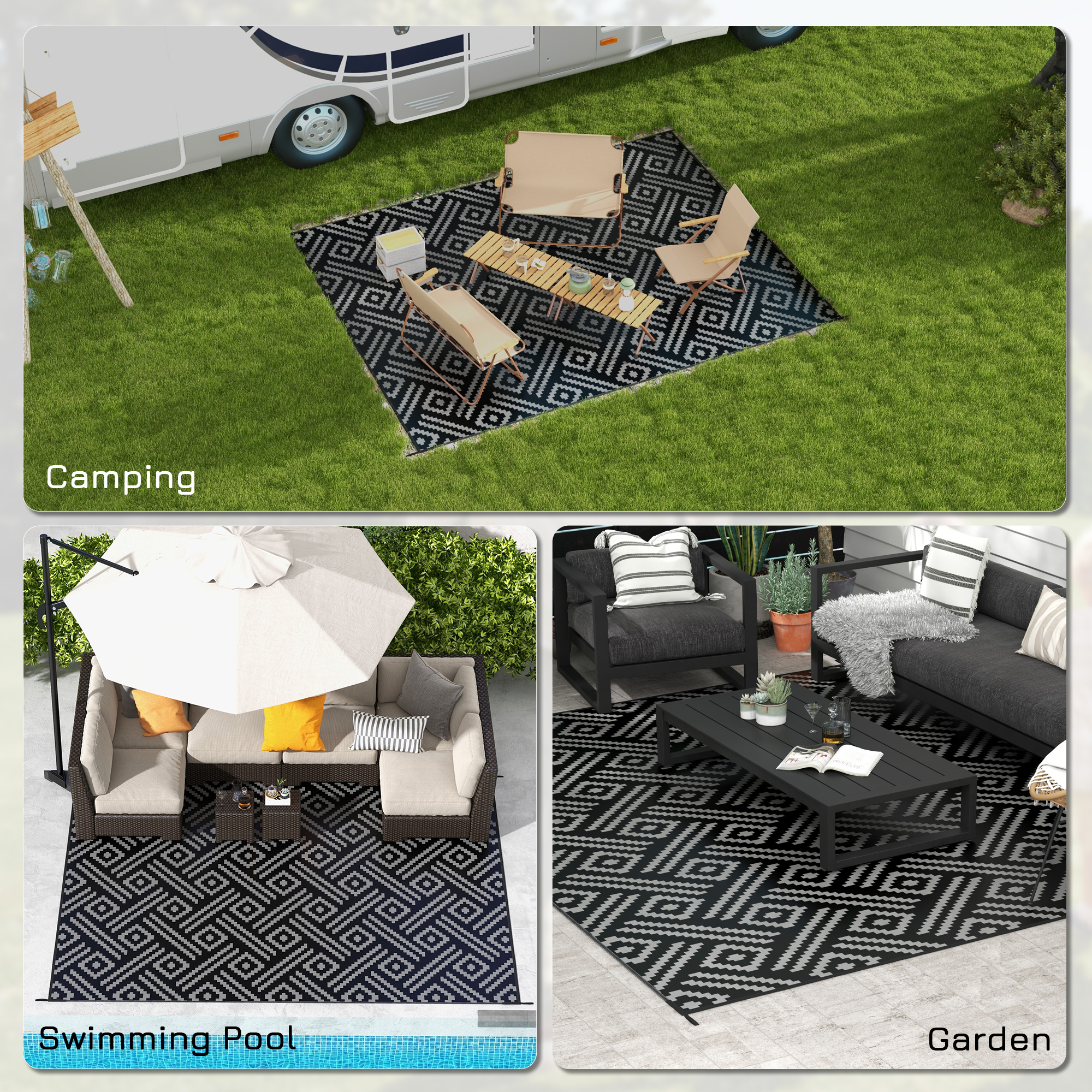 Reversible Outdoor Rug Waterproof Plastic Straw RV Rug with Carry Bag, 9' x 12', Black and Grey Geometric - Image 3
