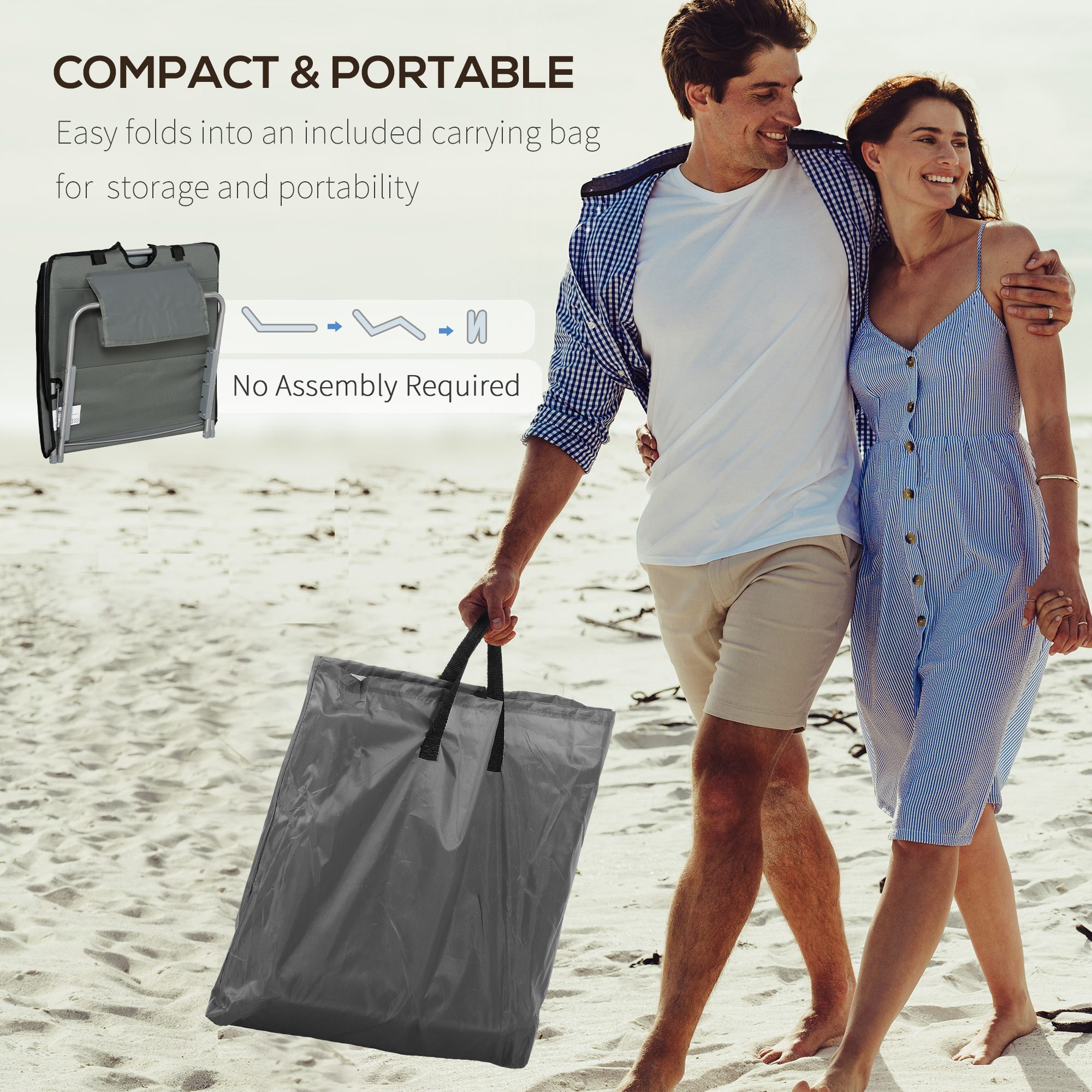 Set of 2 Sun Lounger Beach Mat Folding Lounge Chair Mat with Adjustable Back Steel Frame Head Pillow Carry Bag Grey - Image 3