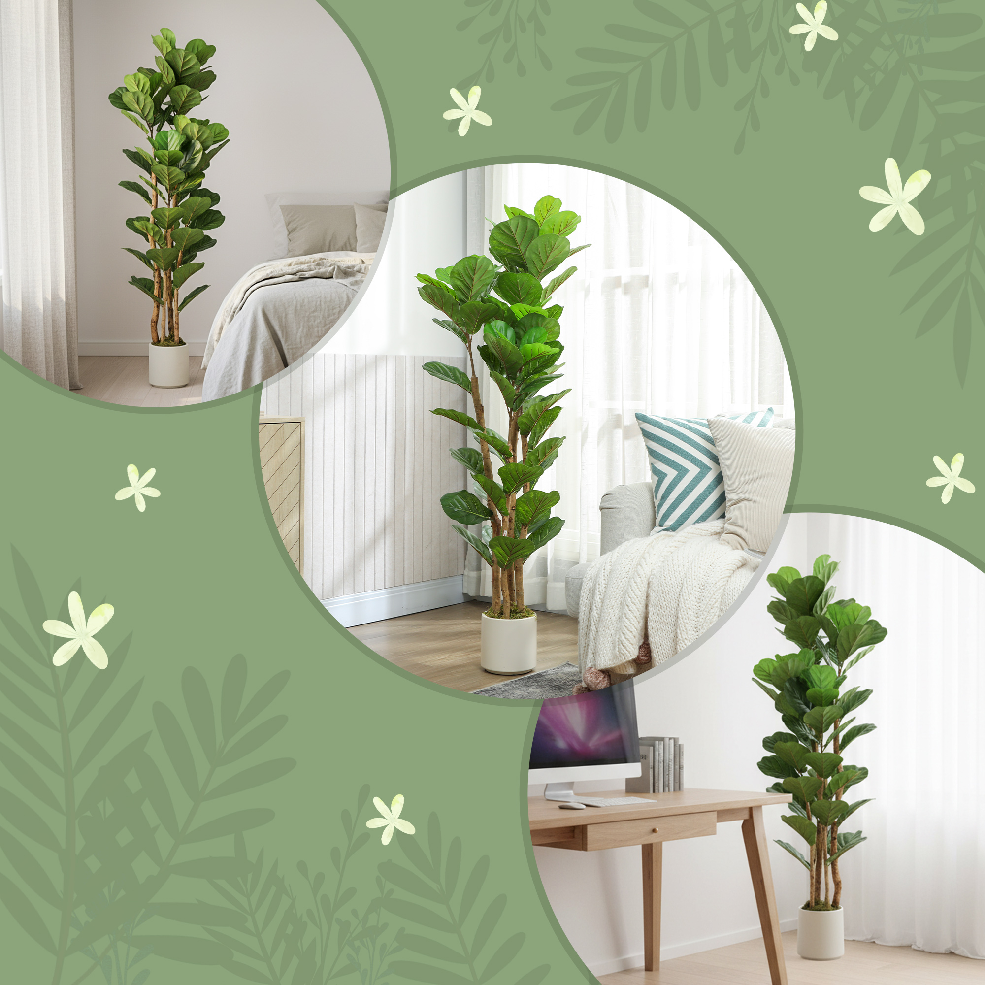 5FT Artificial Fiddle Leaf Fig Tree, Fake Potted Tree with Solid Wood Trunks for Indoor Decor, Green - Image 5