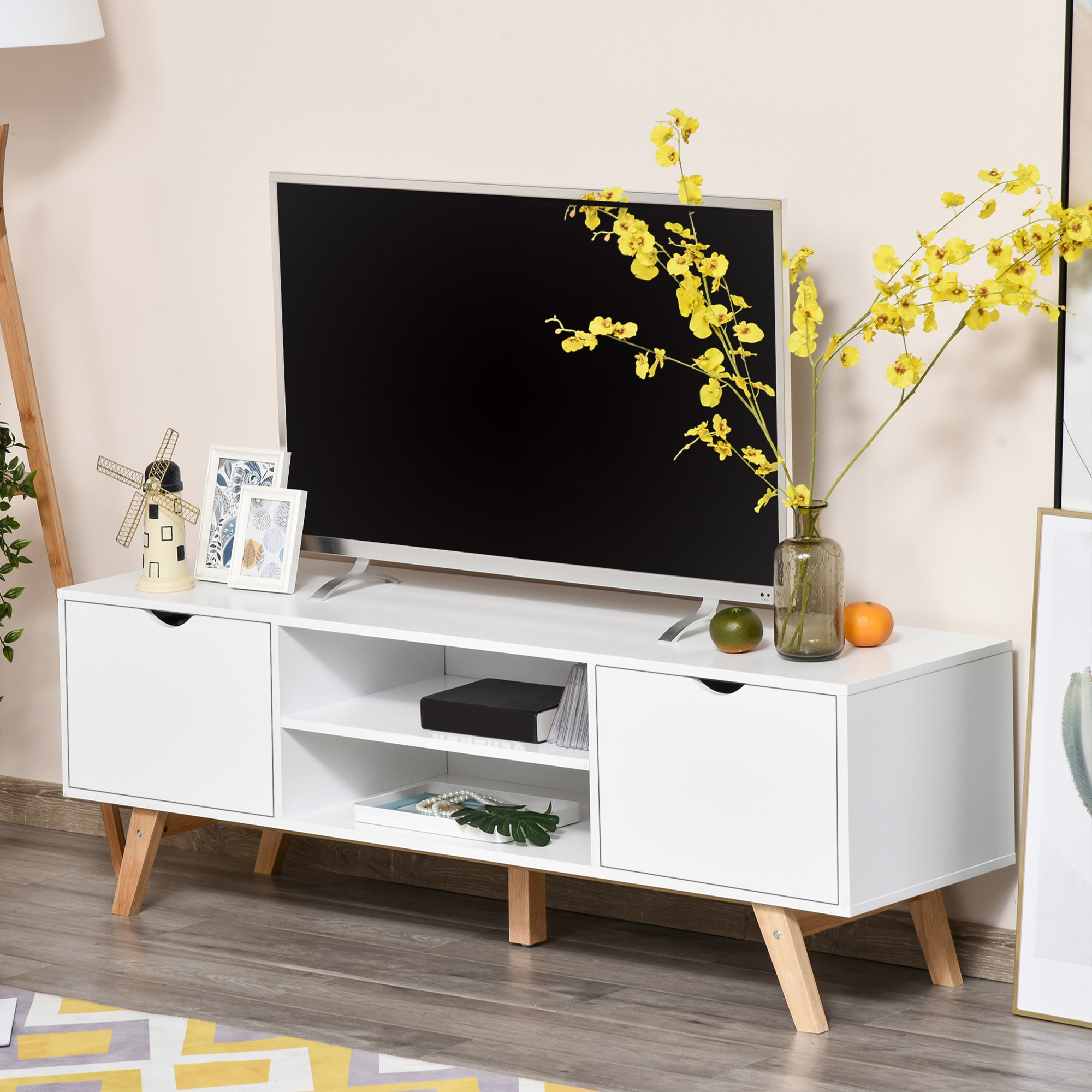 Modern Wooden TV Stand with 2 Storage Cabinet Stand for TV's up to 65" for Living Room Office, Storage Entertainment Center, White - Image 6
