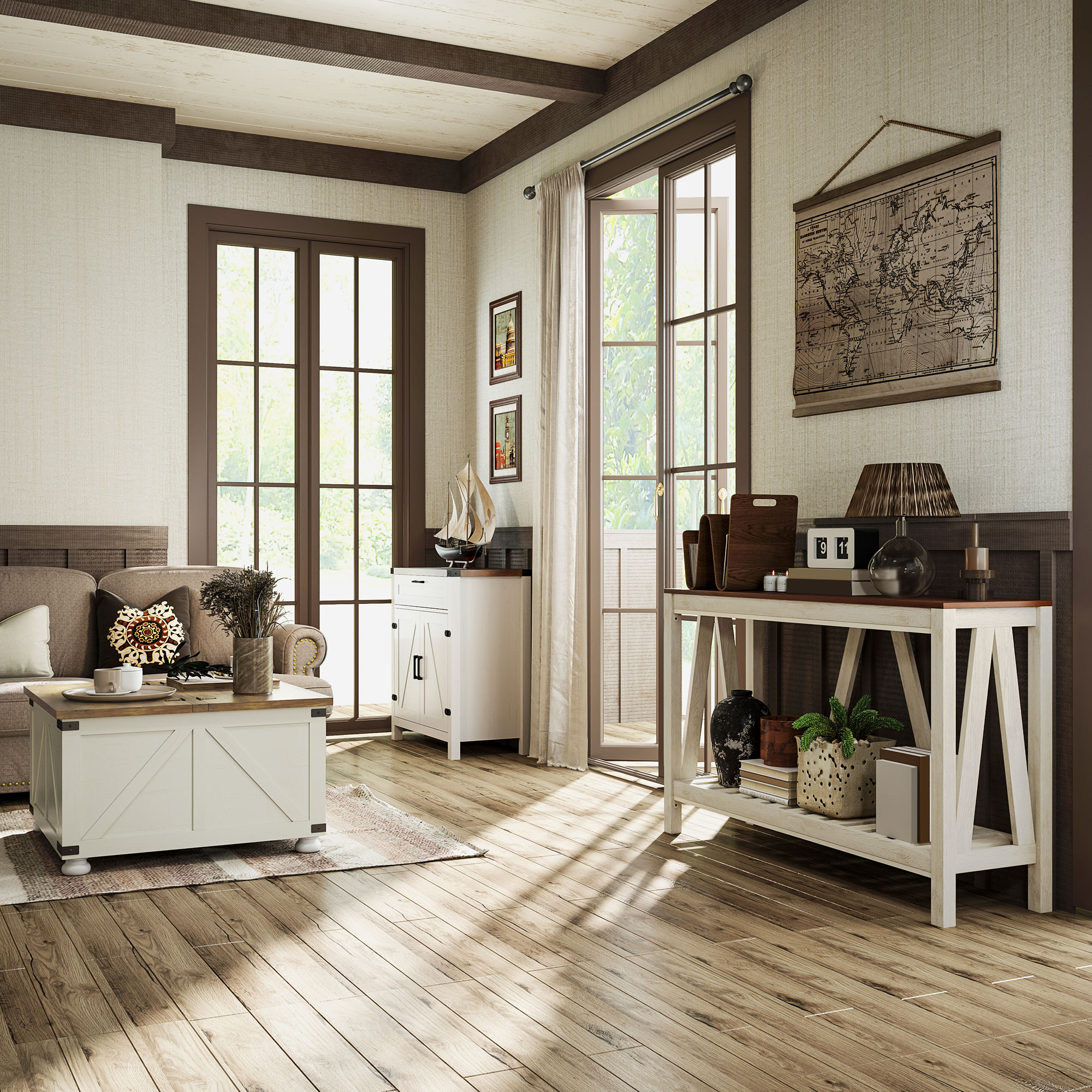 Farmhouse Coffee Table, Square Center Table with Flip-top Lids, Hidden Storage Compartment and Wooden Legs, Antique White - Image 4