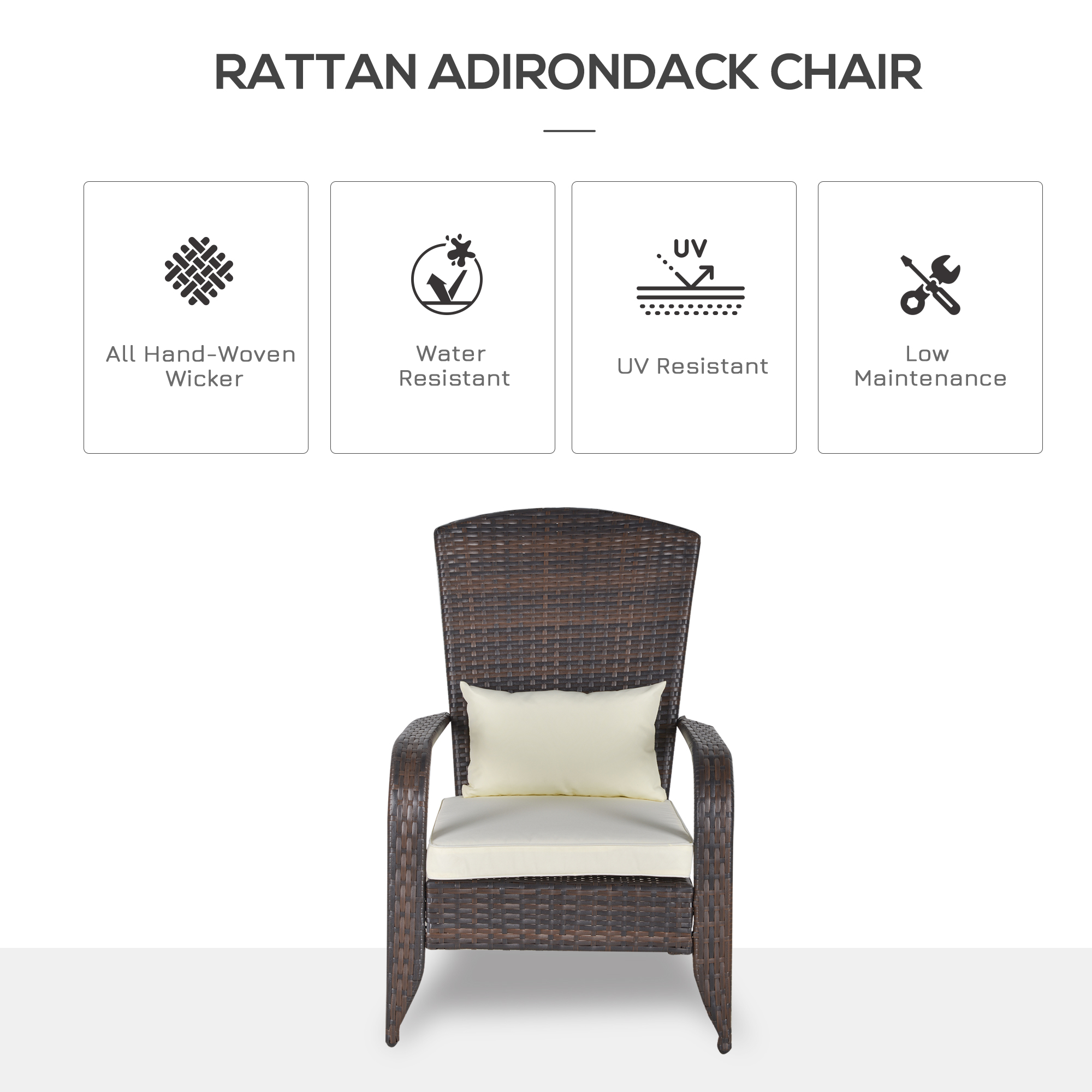 Patio Wicker Adirondack Chair, Outdoor PE Rattan Fire Pit Chair, Muskoka Chair w/ Soft Cushions, Tall Curved Backrest and Comfortable Armrests for Deck Garden, Cream White - Image 2