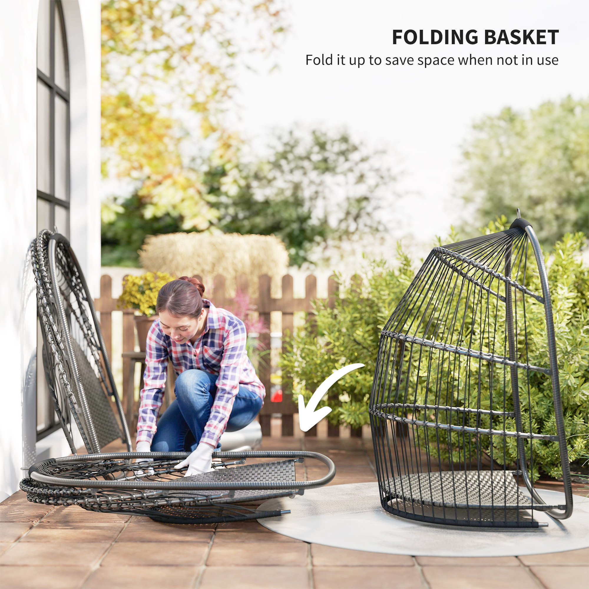 Hanging Egg Chair, Foldable Rattan Garden Swing Chair with Installation Kit, Thickened Cushion and Headrest, Dark Grey - Image 4