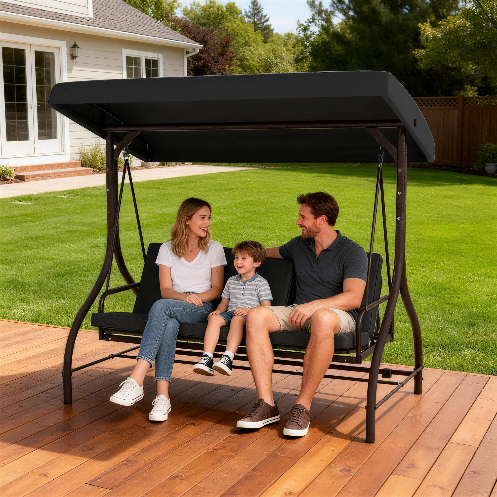 Convertible Patio Swing Bed with Canopy and Cushions, 3 Seater Porch Swing for Outdoor, Backyard, Garden, Black - Image 6