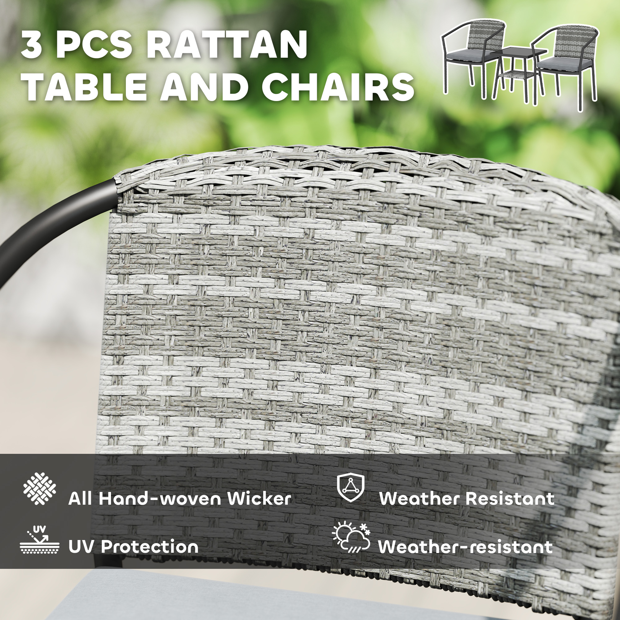 Outdoor Bistro Set, 3 Piece Wicker Patio Furniture Set with Armchairs, 2-Tier Glass Table, Cushions, Dark Grey - Image 2