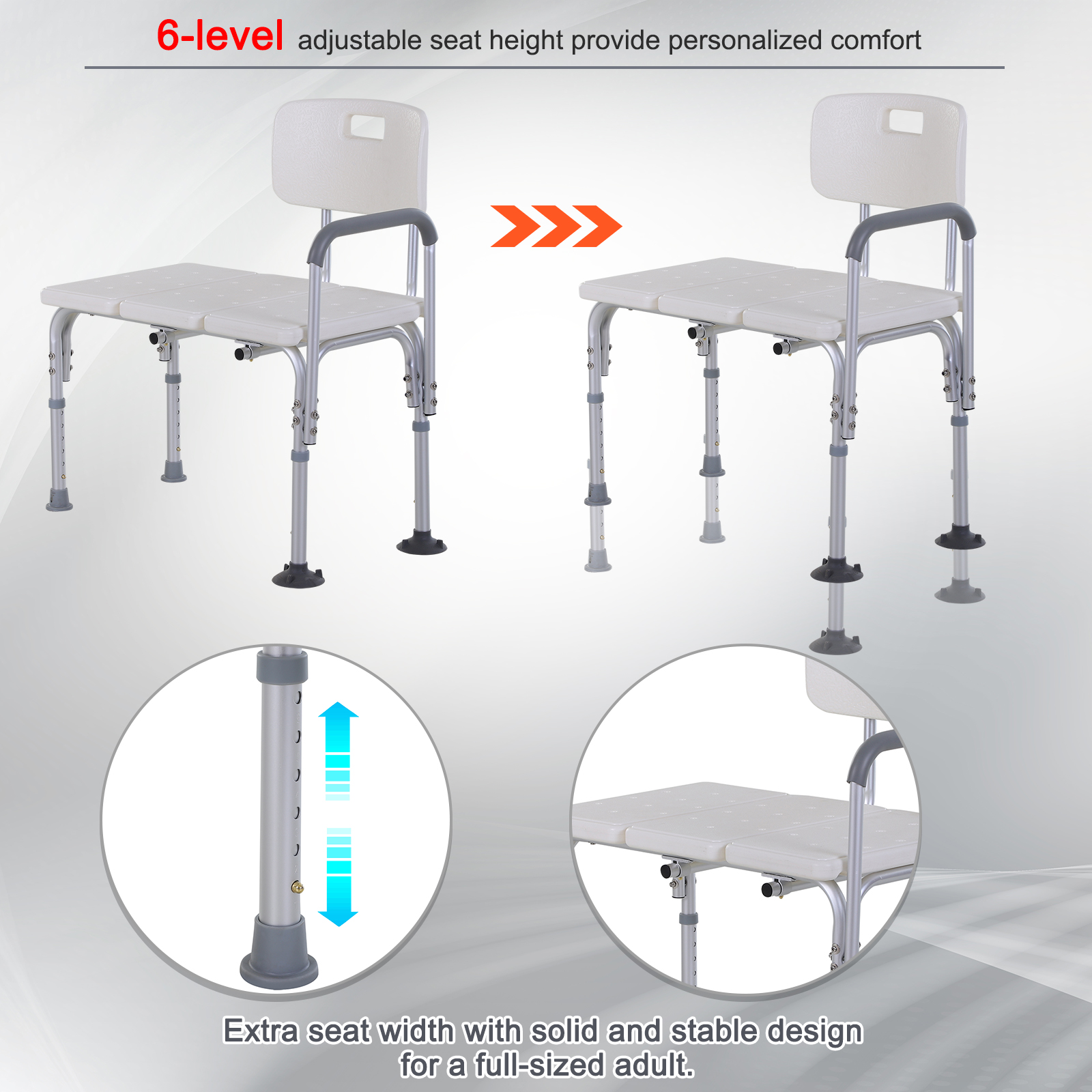 6-Level Adjustable Bath and Shower Transfer Bench Aluminum Chair with Non-Slip Feet, Armrest & Backrest White - Image 2