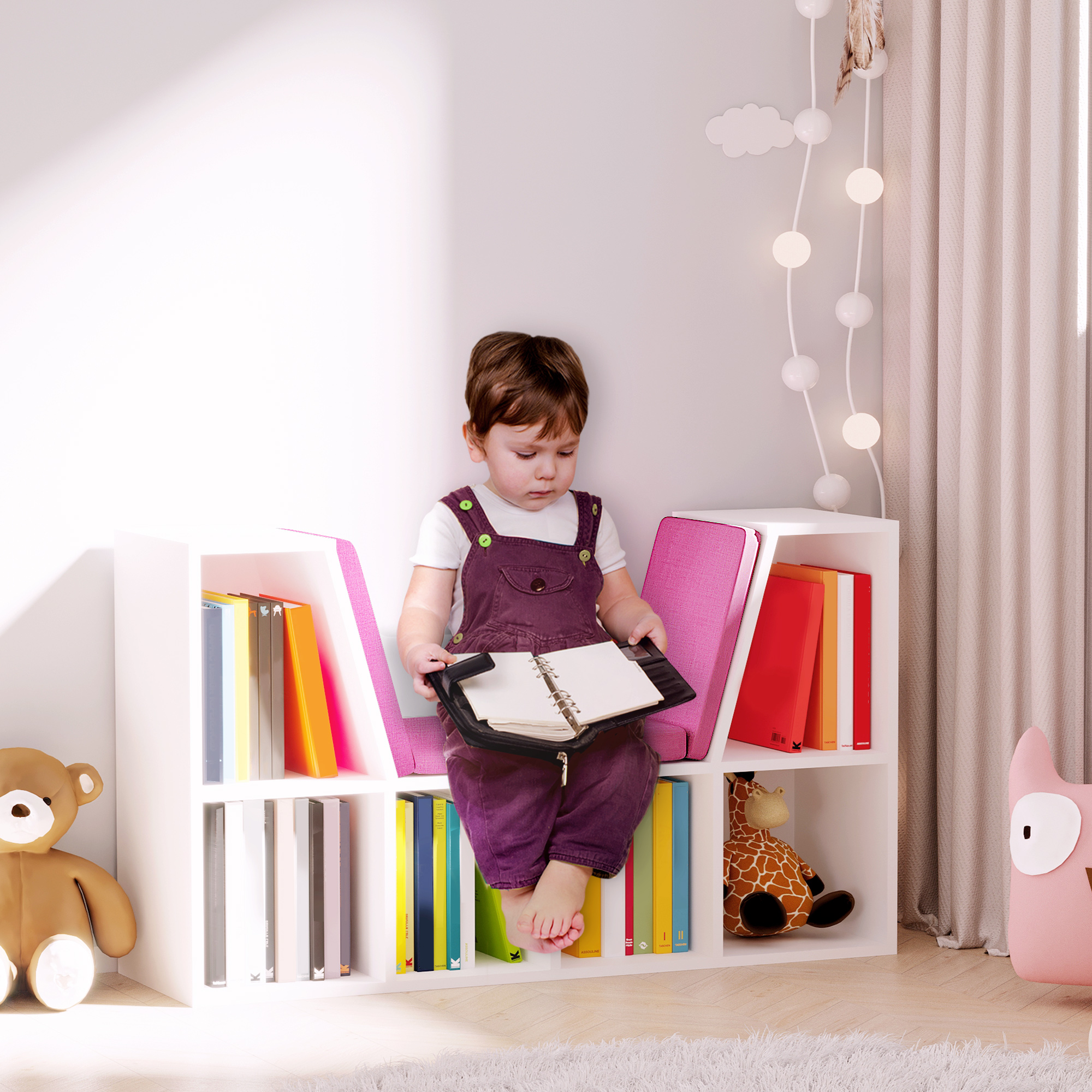 6-Cubby Bookcase with Seat Cushion, Cube Storage Shelf with Reading Nook for Home Office, Study, Pink - Image 2