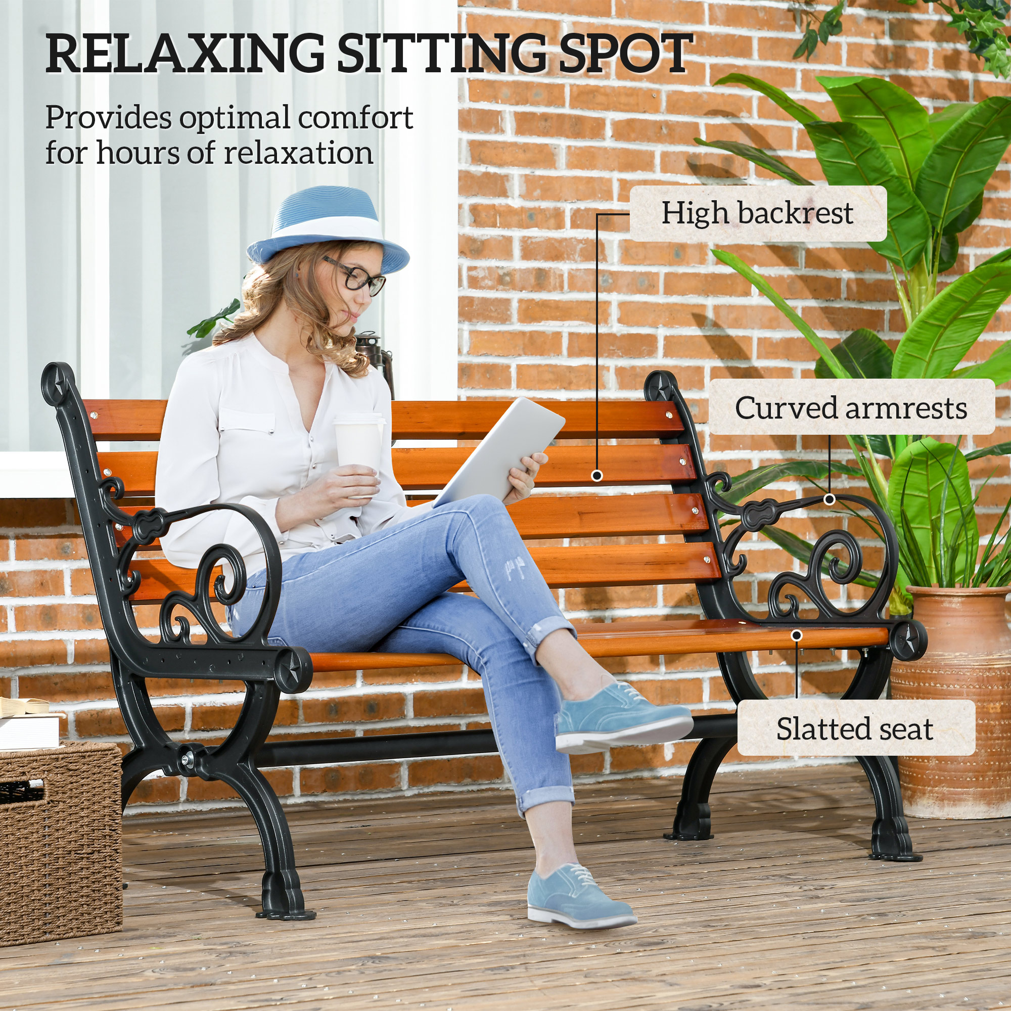 47 Inch Outdoor Garden Bench, Patio Loveseat with Unique Armrests, Slatted Seat Back, 528 lbs. Capacity, Teak Colour - Image 2