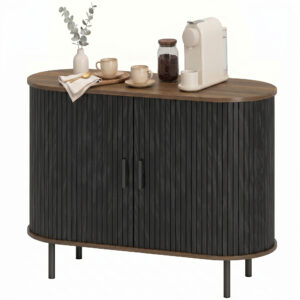 Sideboard Buffet Cabinet with Curved Tambour Doors and Storage, Brown Wood Grain and Black