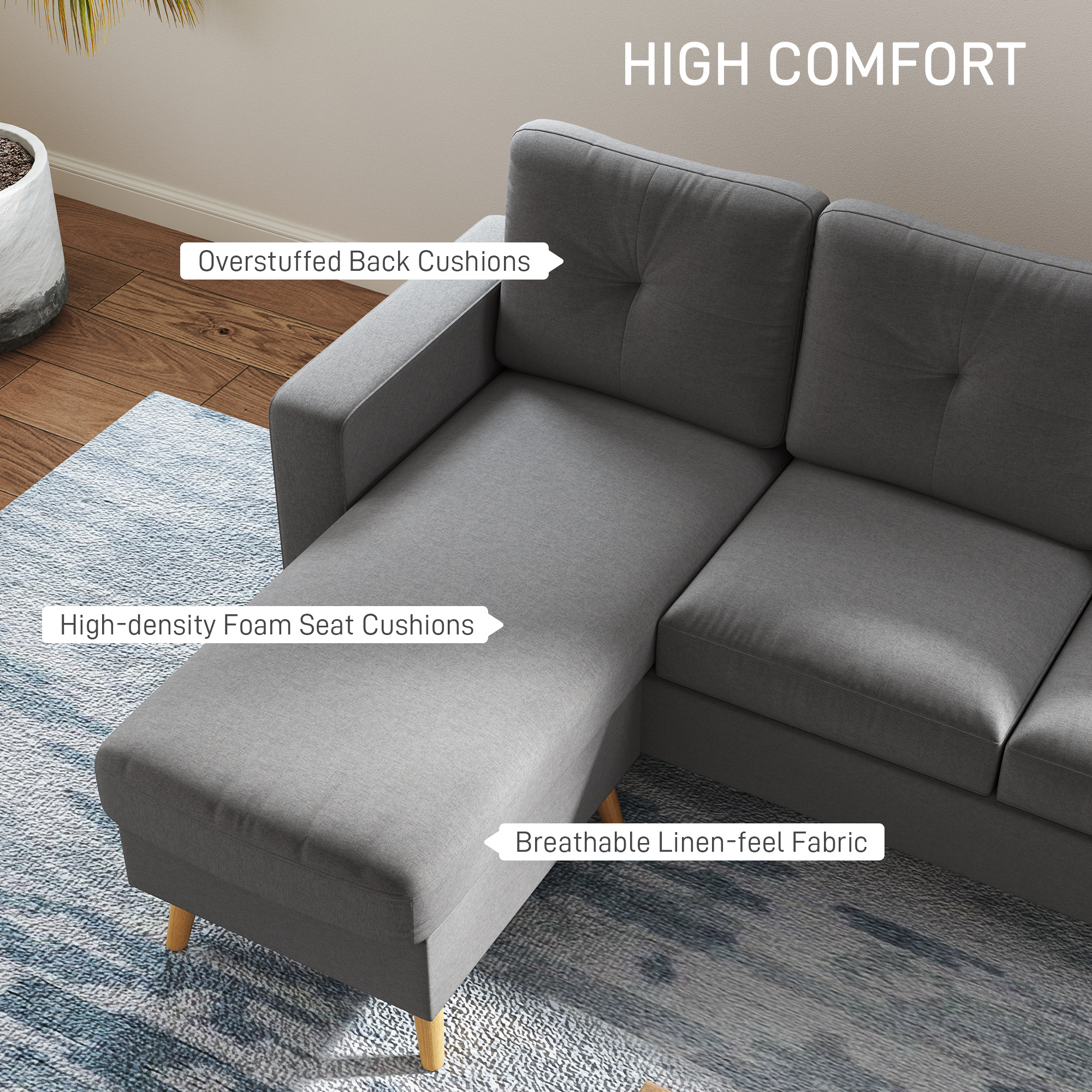 Sectional Sofa Couch, L Shaped Couch with Reversible Chaise, Wooden Legs for Living Room, Bedroom, Dark Grey - Image 3