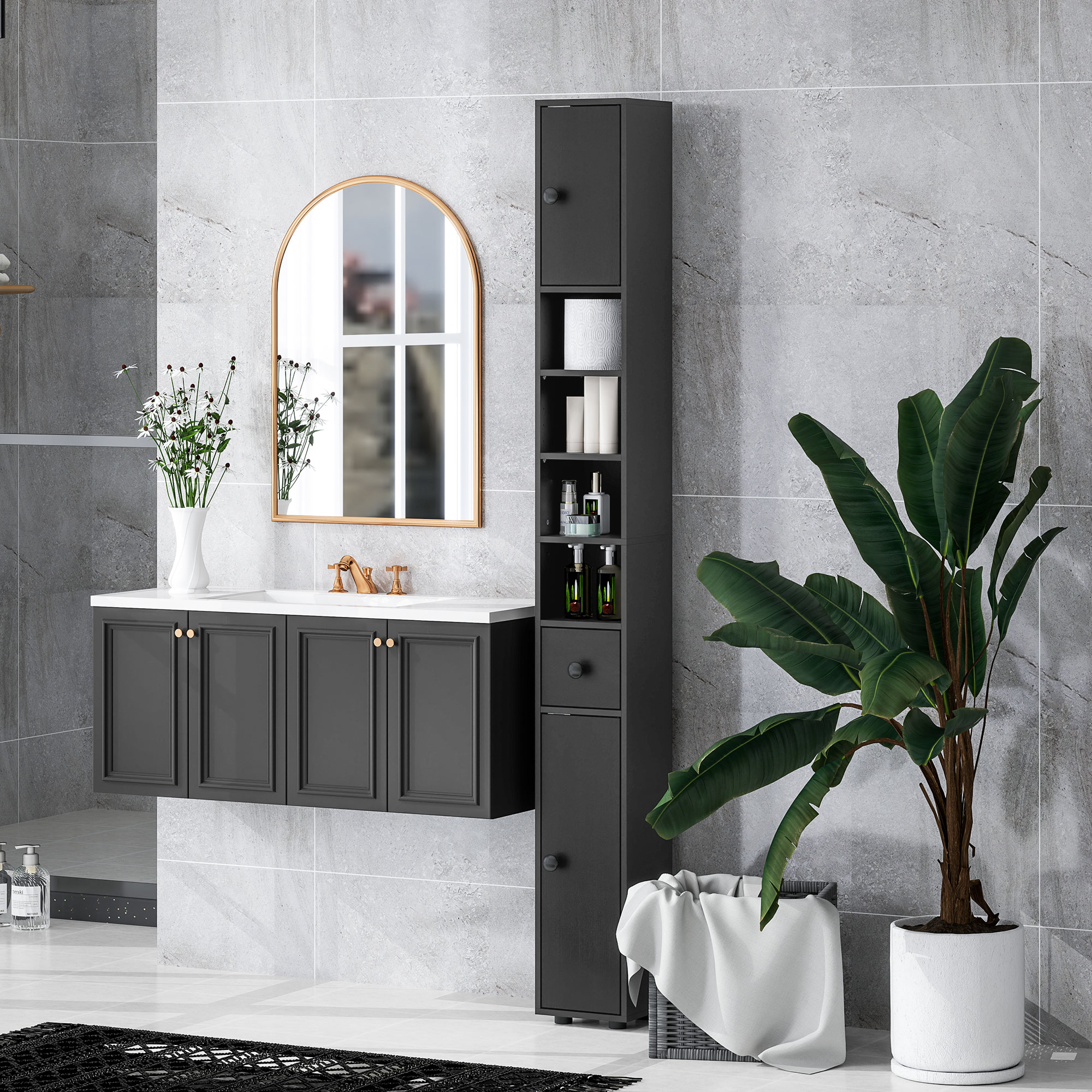 71" Tall Bathroom Cabinet, Narrow Toilet Paper Cabinet with Open Shelves, 2 Door Cabinets, Adjustable Shelves, Black - Image 5