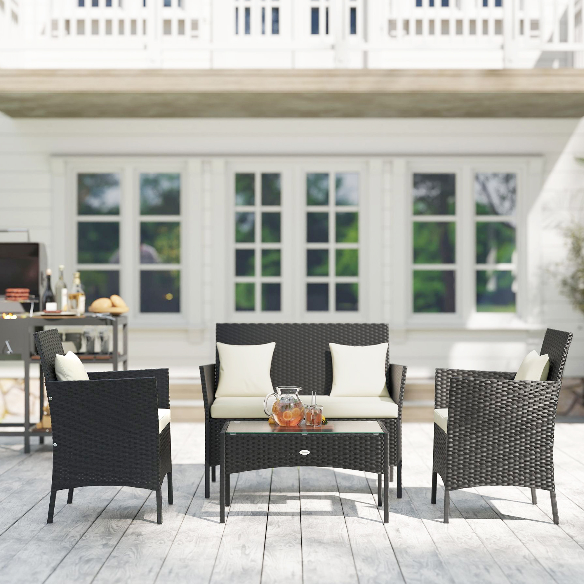 4-Piece Rattan Outdoor Furniture Set Patio Furniture Set with Coffee Table 22.8" W x 21.7" D x 33.5" H Black & Cream - Image 5