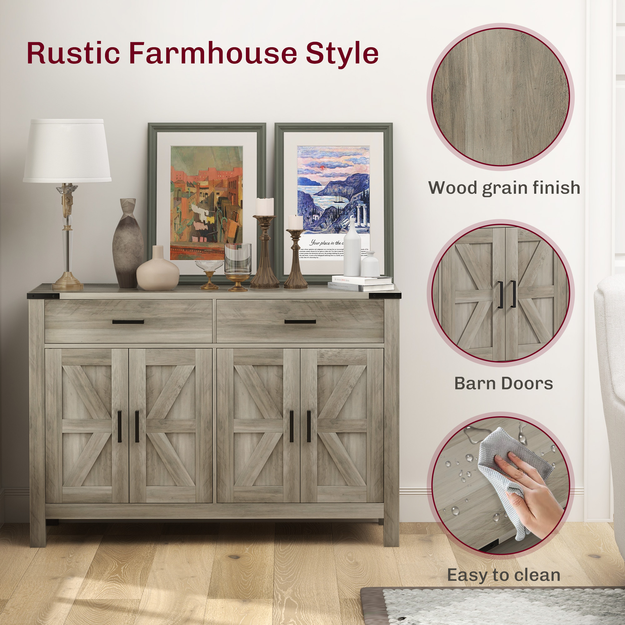 Side Cabinet, Farmhouse Kitchen Storage Cabinet w/ 2 Drawers and Shelves for Living Room, Entryway, Grey - Image 4