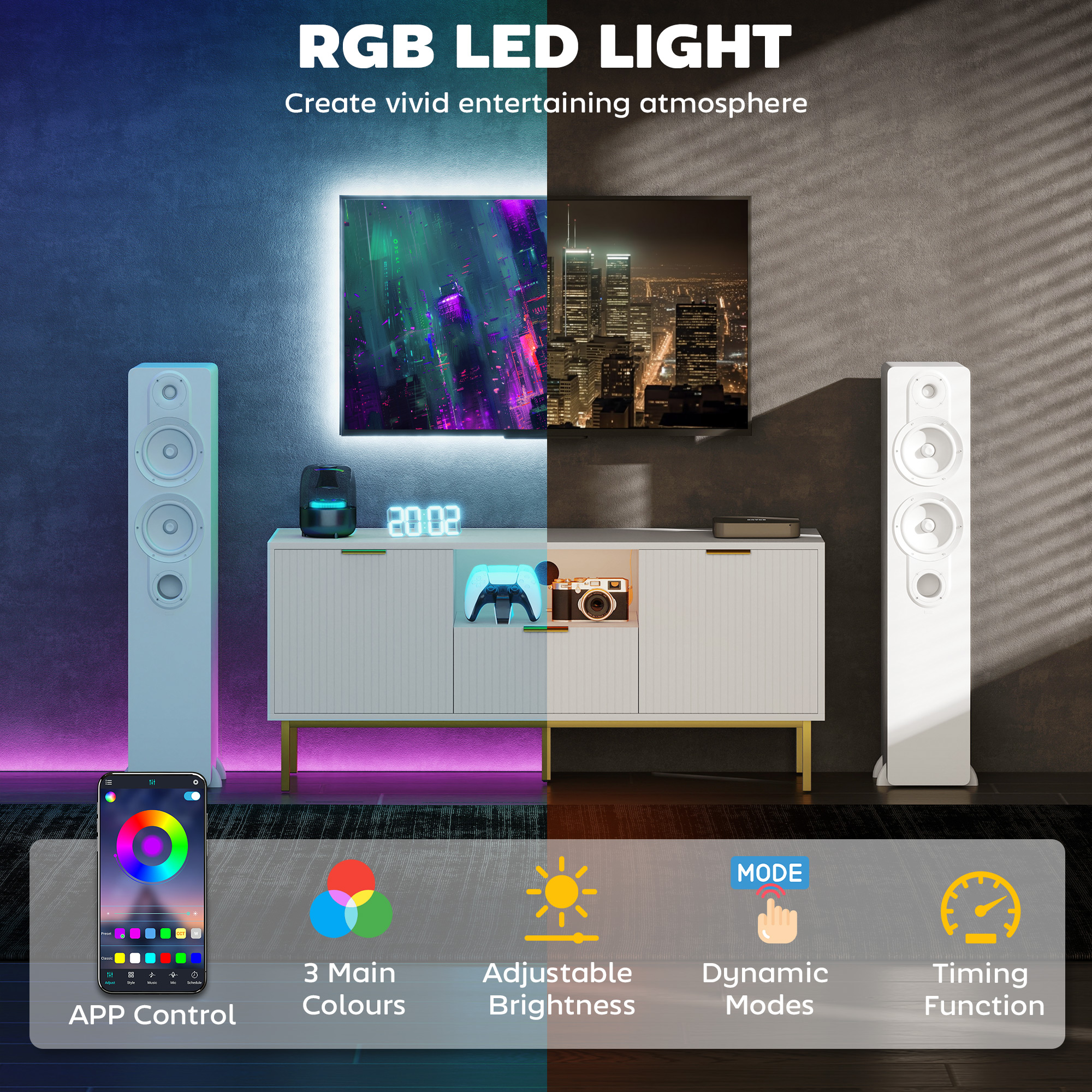 Modern TV Console for TVs up to 50 Inch, Entertainment Center with Smart RGB LED Lights and Soft Close Doors, White - Image 2