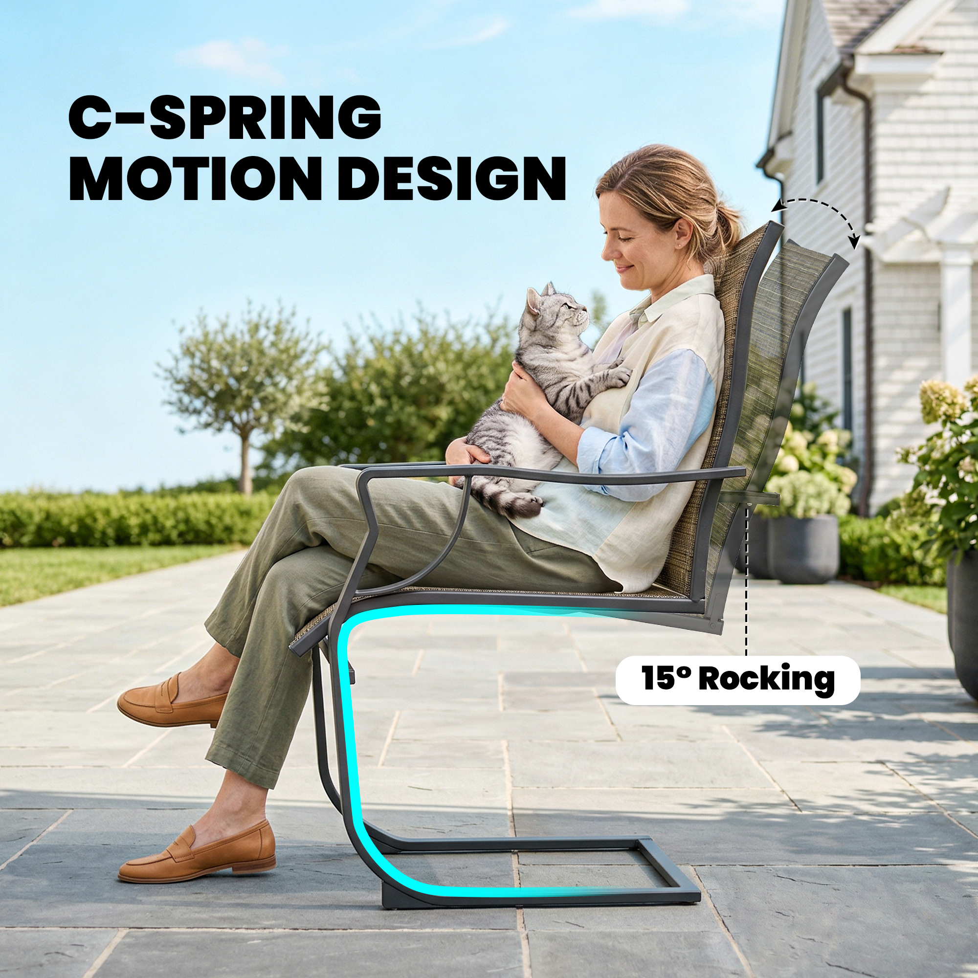 C Spring Motion Patio Chairs Set of 2 with Curved High Backrest, Armrest, All Weather Breathable Fabric, Metal Frame - Image 2