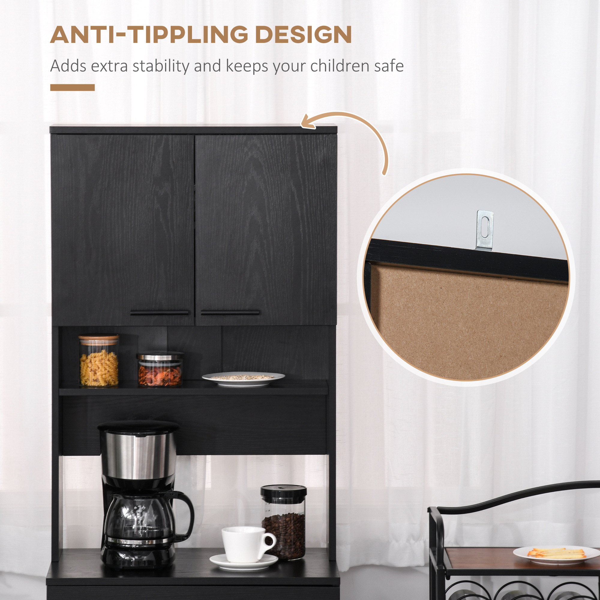 Modern Kitchen Buffet with Hutch Wooden Storage Cupboard with Microwave Counter 2 Cabinet and Drawer for Dining Room Living Room Black - Image 4