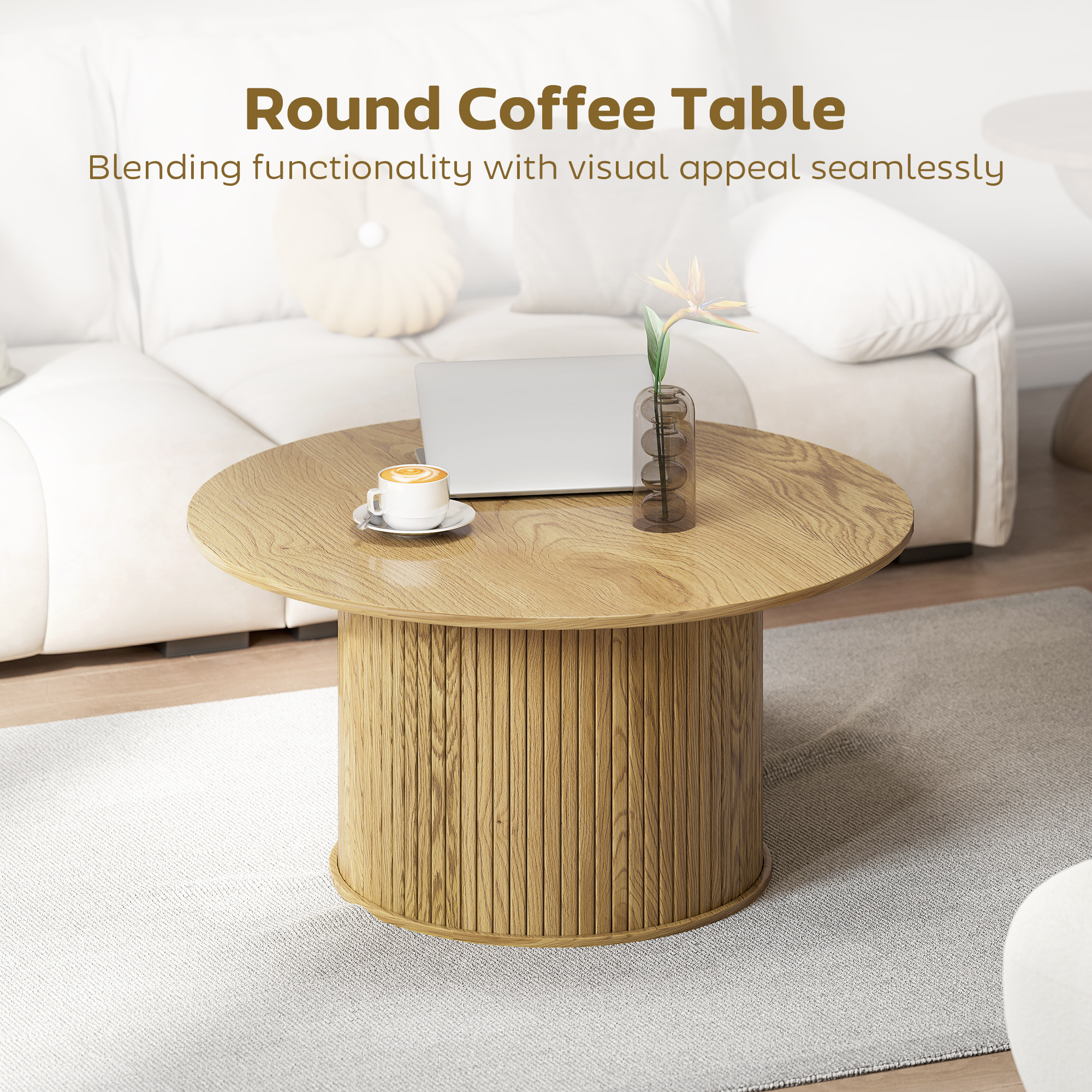 31.5" Round Coffee Table, Nordic Style Center Table with Fluted Cylindrical Base for Living Room, Oak - Image 2