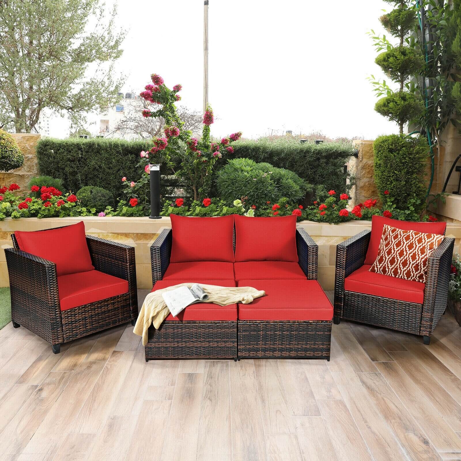 5 Pieces Patio Cushioned Rattan Furniture Set-Red - Image 4
