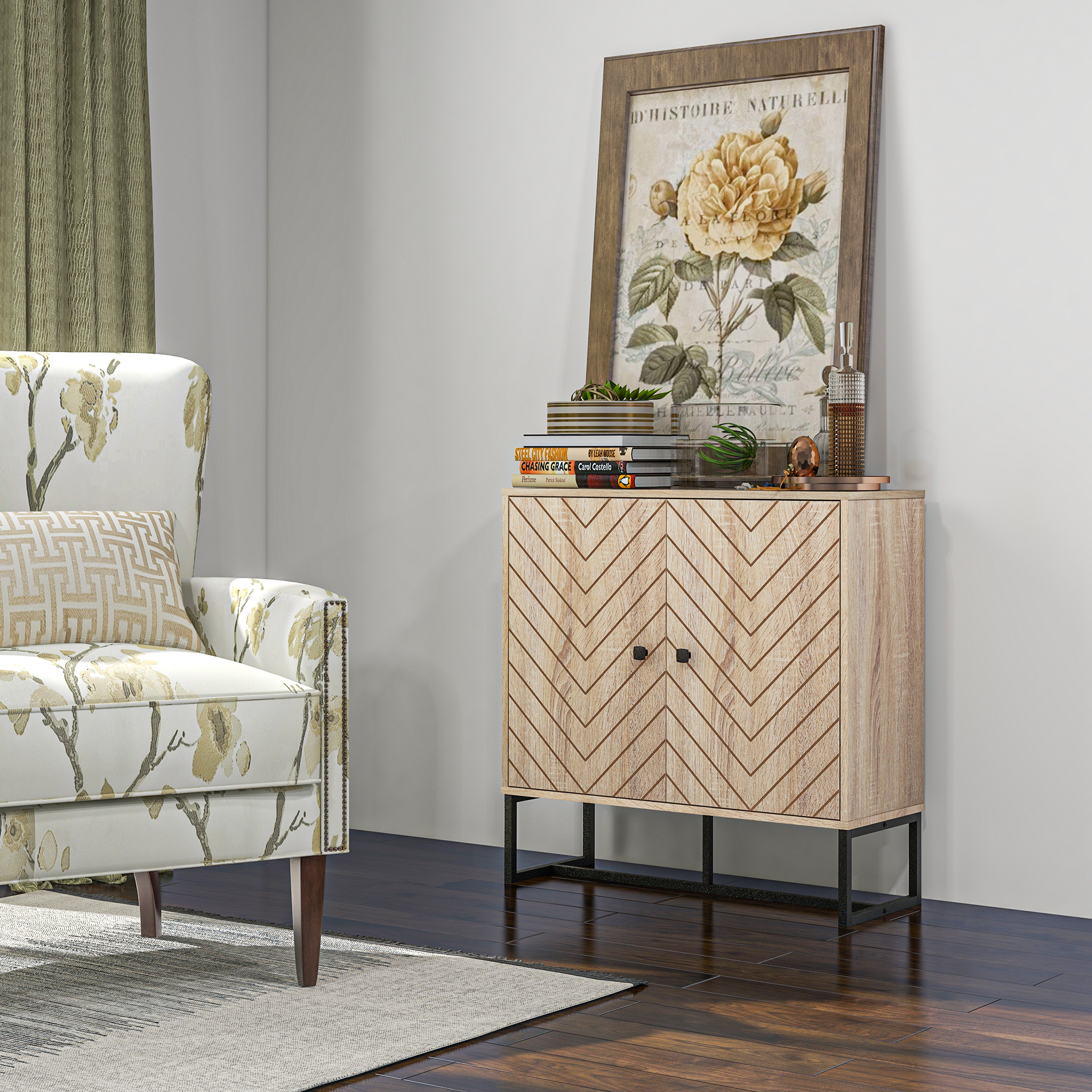 Modern Sideboard, Buffet Cabinet with 2 Chevron Doors and Adjustable Shelf, Kitchen Storage Cabinet with Steel Base, Coffee Bar Cabinet, 31.5" H, Oak - Image 2