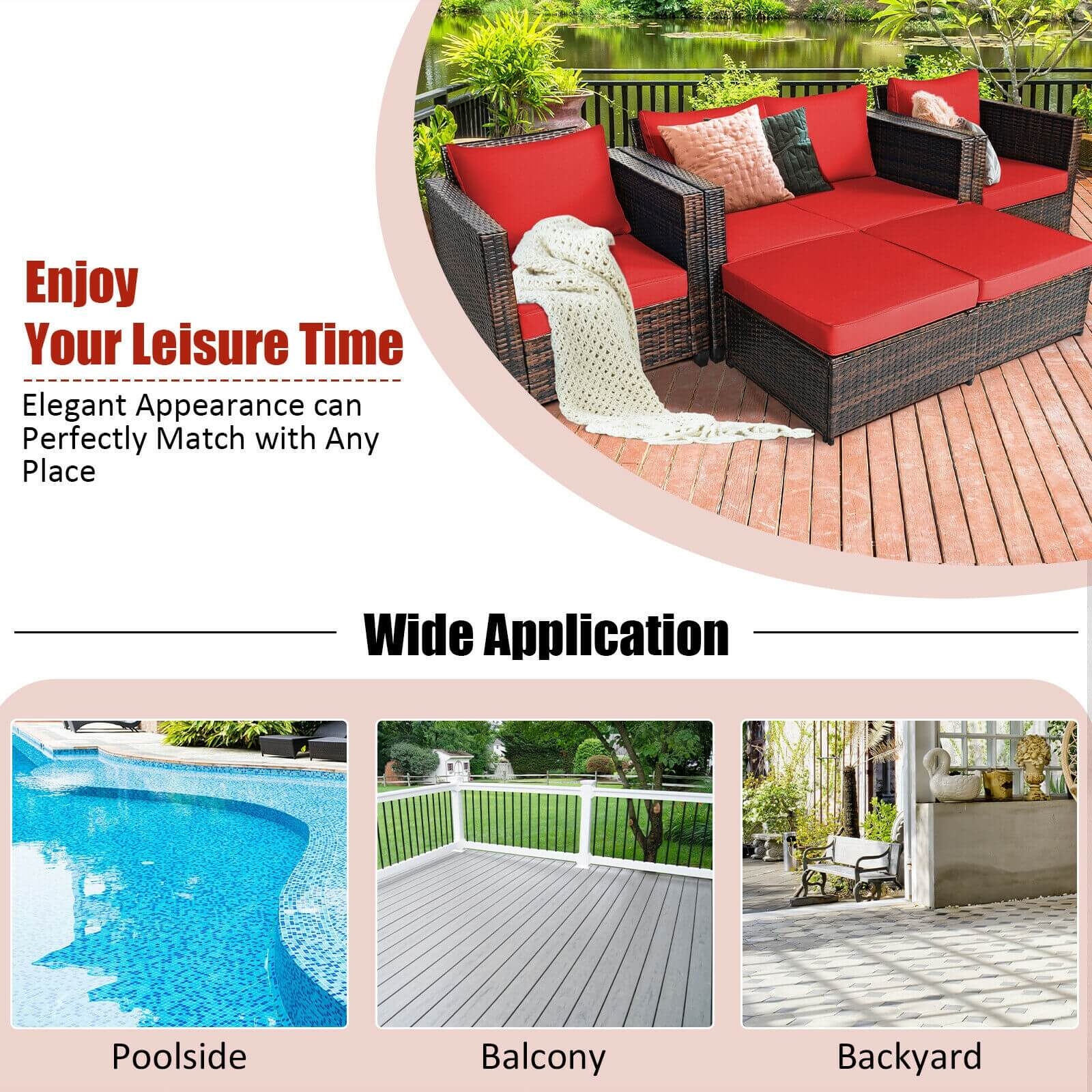 5 Pieces Patio Cushioned Rattan Furniture Set-Red - Image 5
