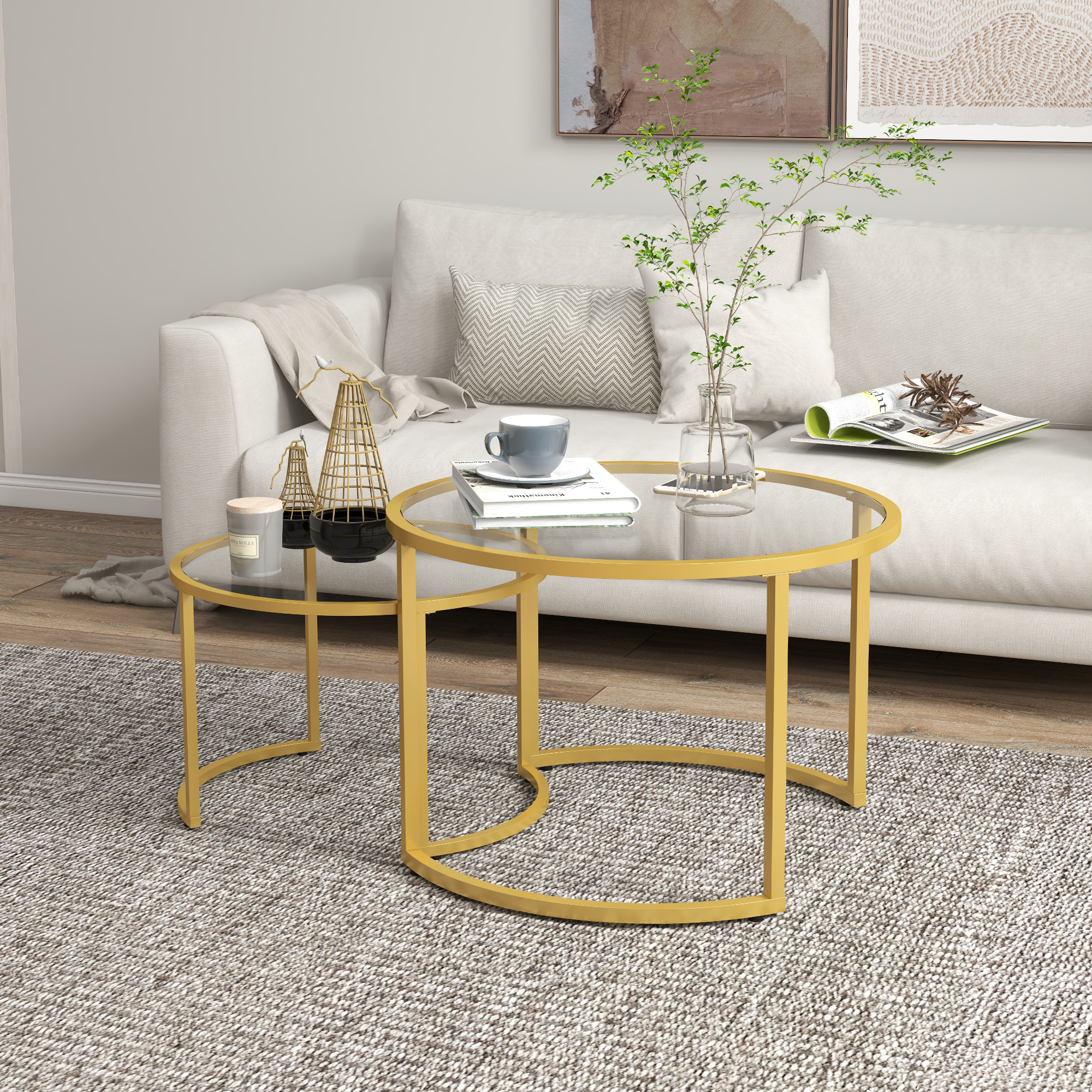 Round Coffee Table Set of 2, Modern Nesting Tables with Tempered Glass Top and Steel Frame for Living Room, Gold - Image 5