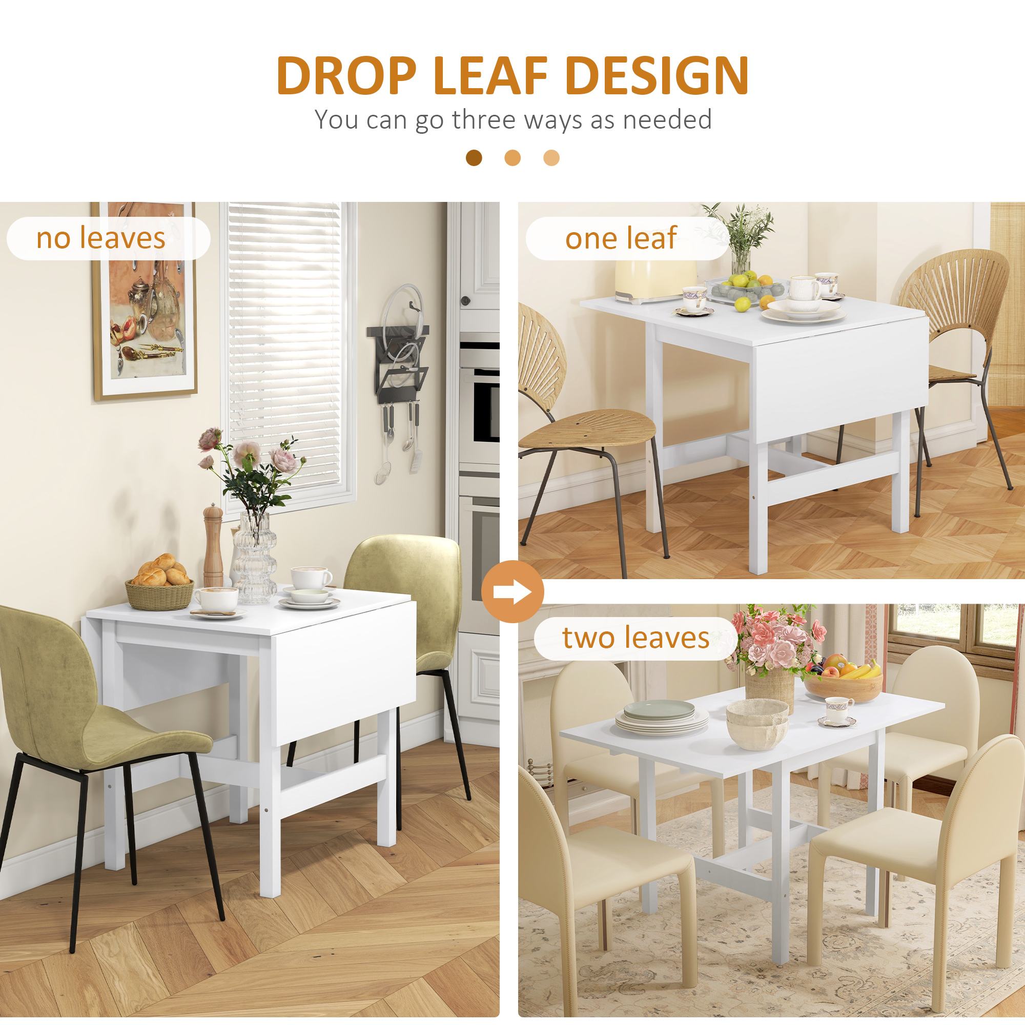 Solid Wood Kitchen Table, Farmhouse Drop Leaf Tables for Small Spaces, Folding Dining Table, for Up to 4 People, White - Image 3