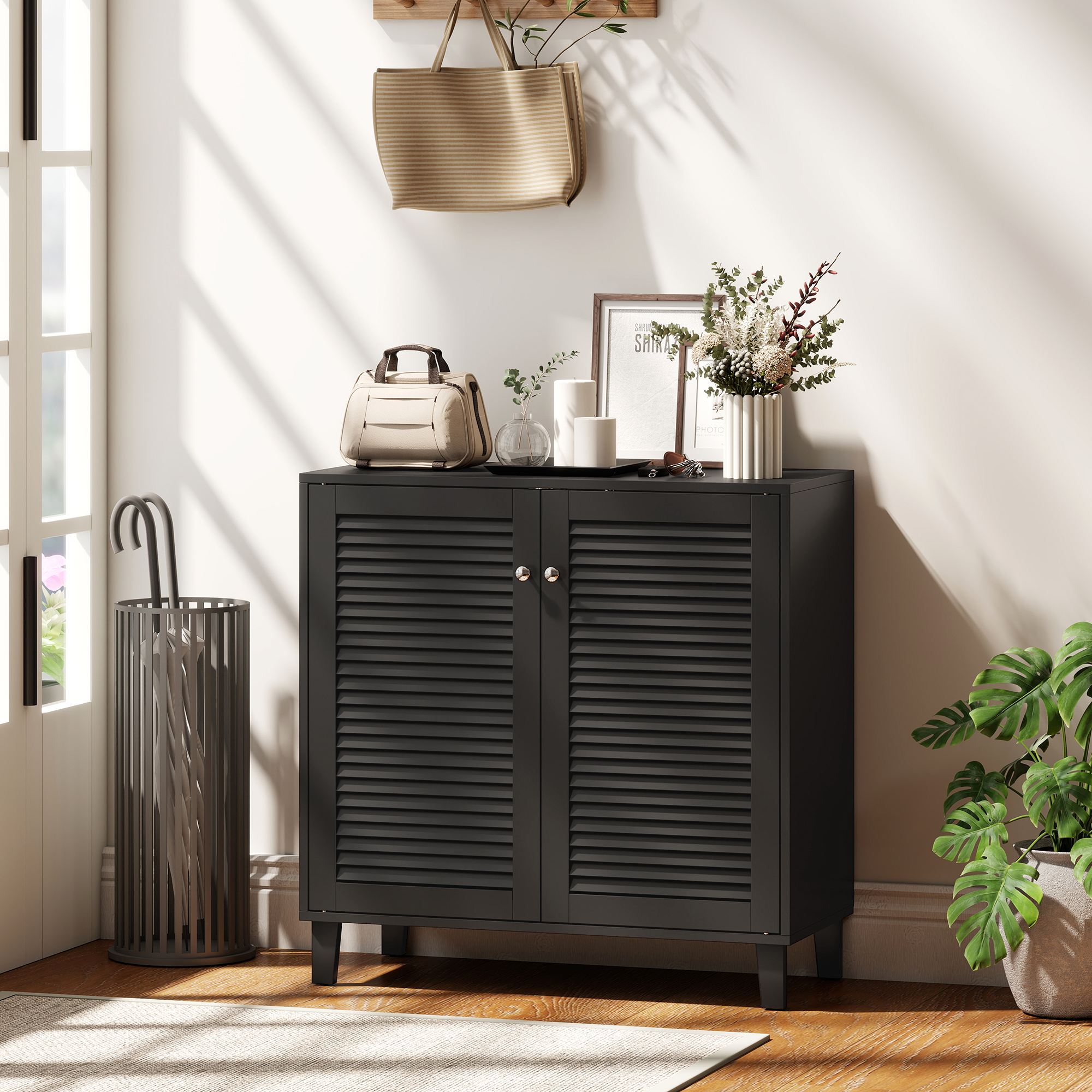 Shoe Cabinet with Adjustable Shelves Shoe Storage Cabinet with 2 Doors for Entryway Hallway Black - Image 6