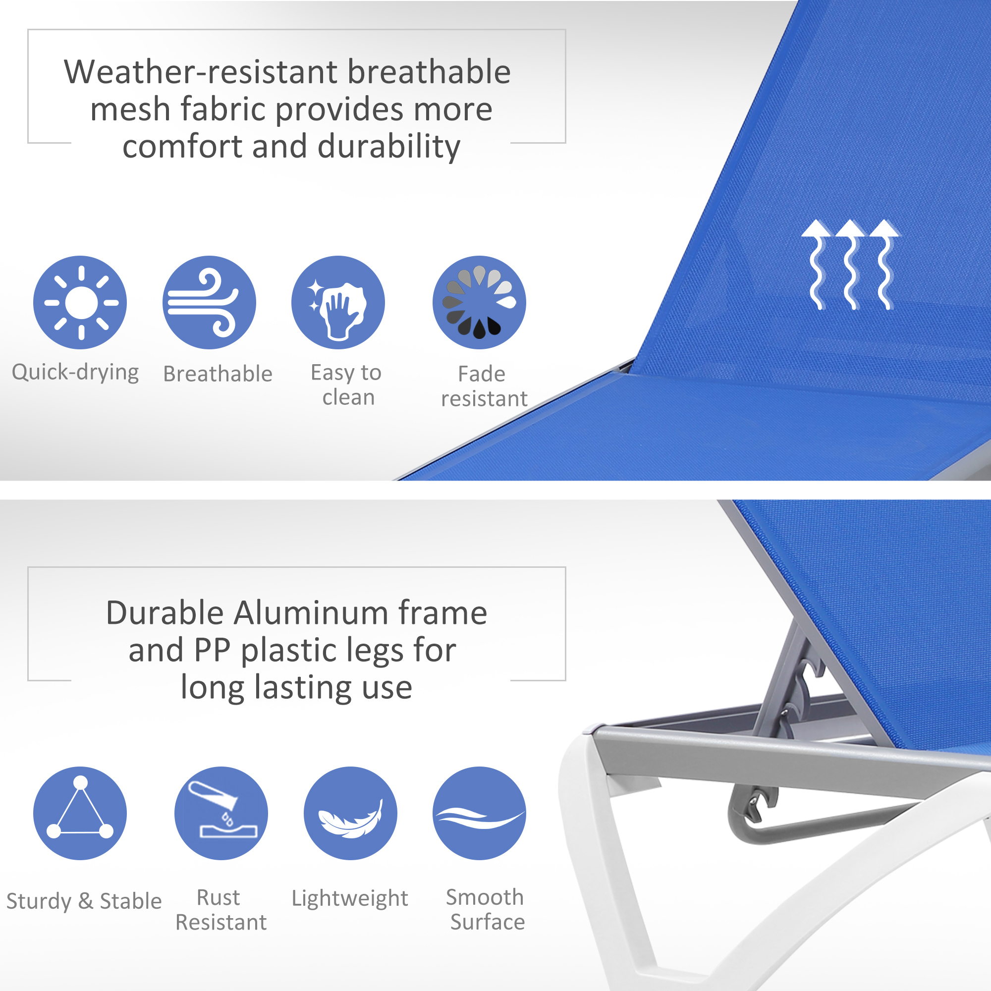 Outdoor Chaise Lounge Chair, Patio Aluminum Tanning Chair with 5-Level Adjustable Back, Portable Wheels, Breathable Mesh Fabric, for Pool, Deck, Garden, Blue - Image 3