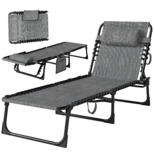 Outdoor Folding Chaise Lounge, Reclining Lounge Chair with Adjustable Backrest and Removable Pillow, Mixed Grey