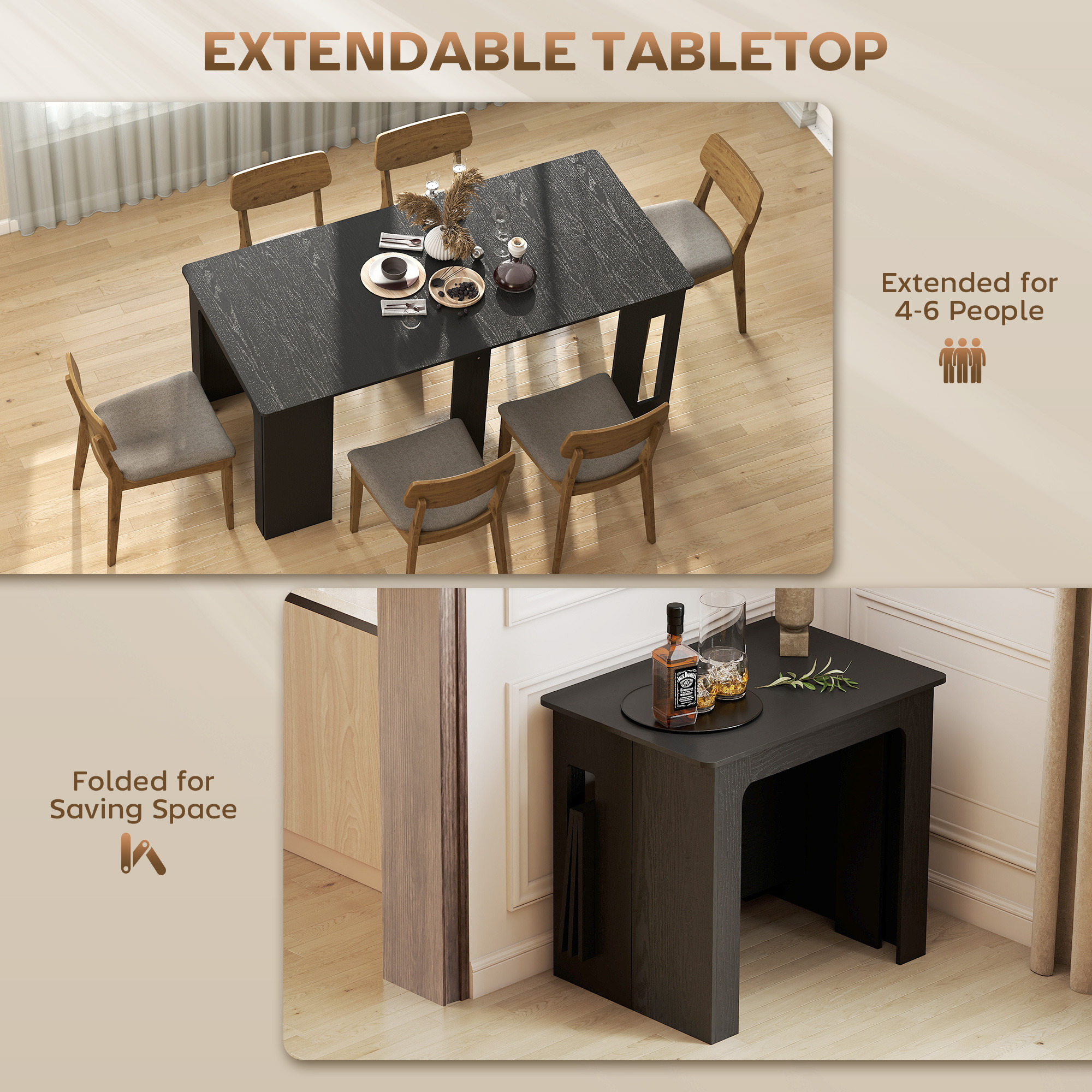 Extendable Dining Table, Expandable Kitchen Table for Small Spaces, Seats up to 6 People, Distressed Black - Image 2