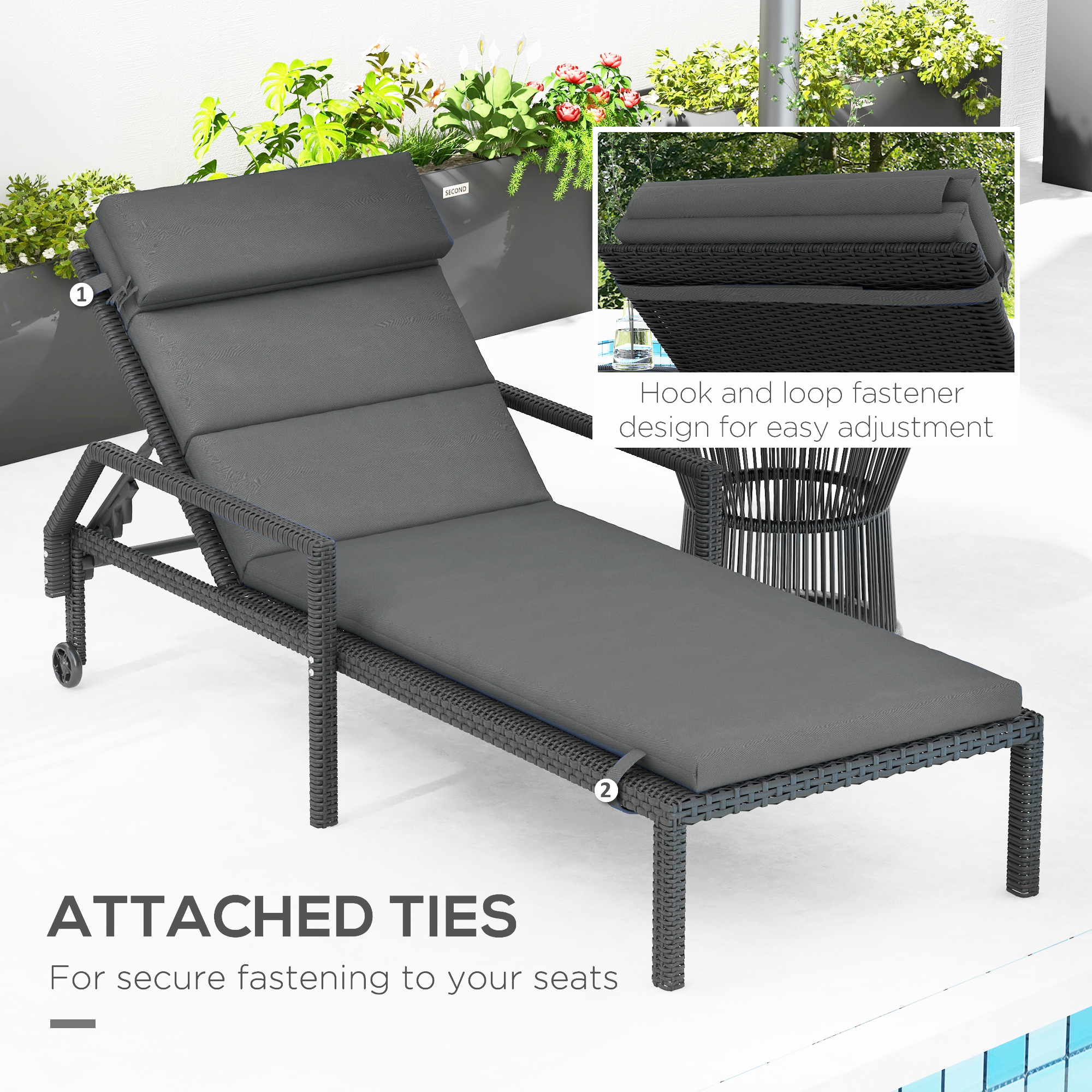 Patio Chaise Lounge Chair Cushions Replacement Sun Lounger Pads with Headrest and Ties, Set of 2, Grey - Image 4