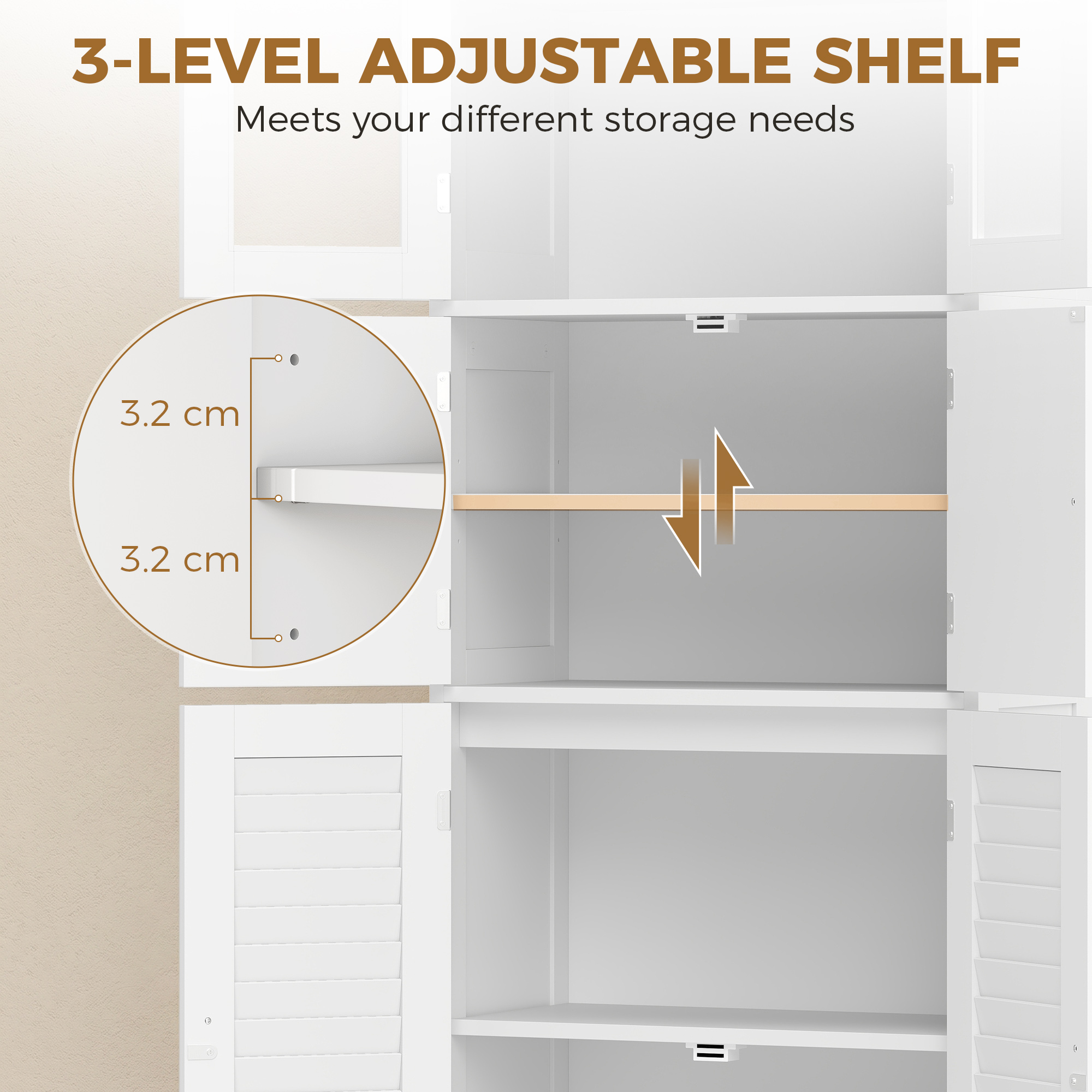 Freestanding Bathroom Cabinet with Glass/Louvred Doors, Tall Bathroom Cabinet for Kitchen, Study, Living Room - Image 5
