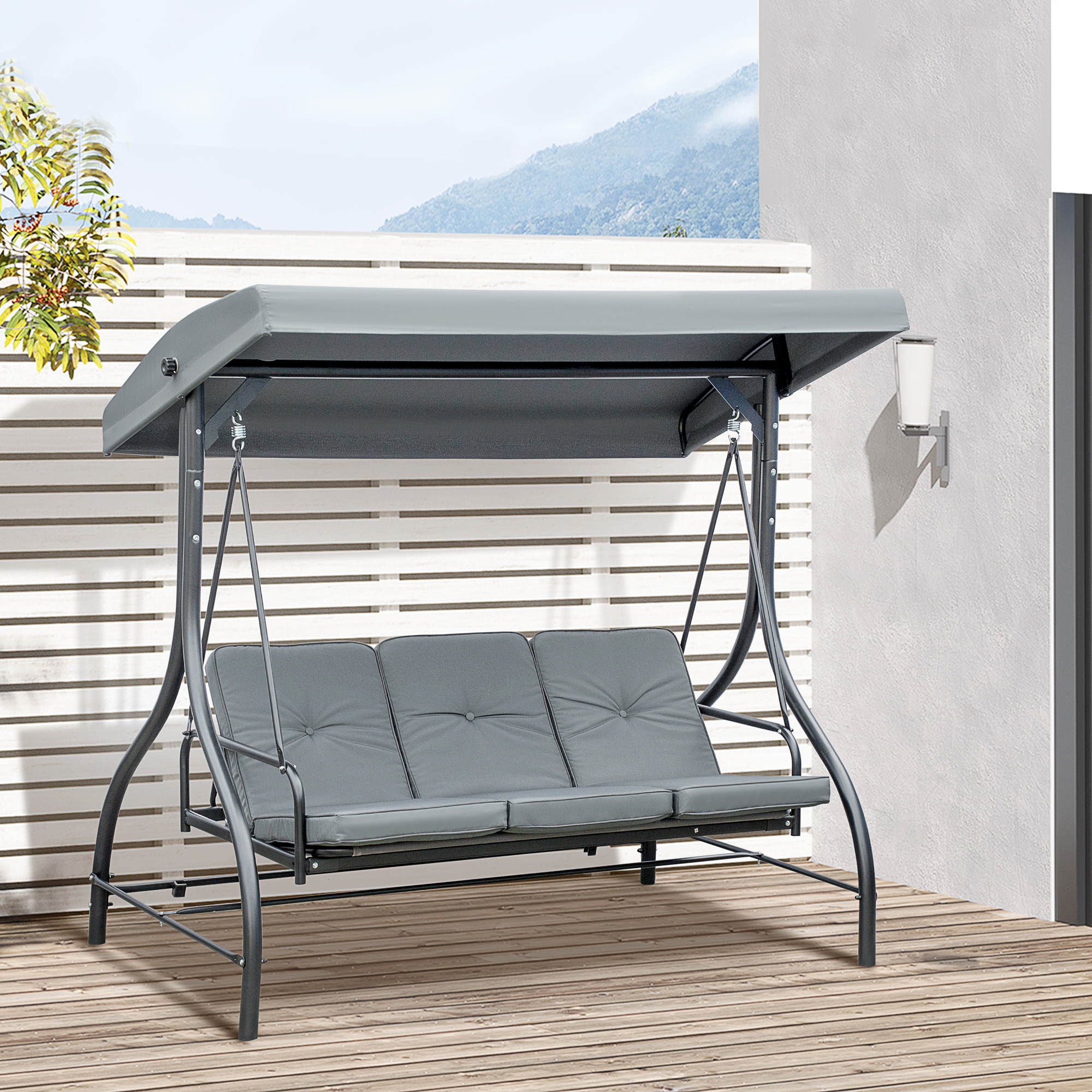 Convertible Patio Swing Bed with Canopy and Cushions, 3 Seater Porch Swing for Outdoor, Backyard, Garden, Dark Grey - Image 6