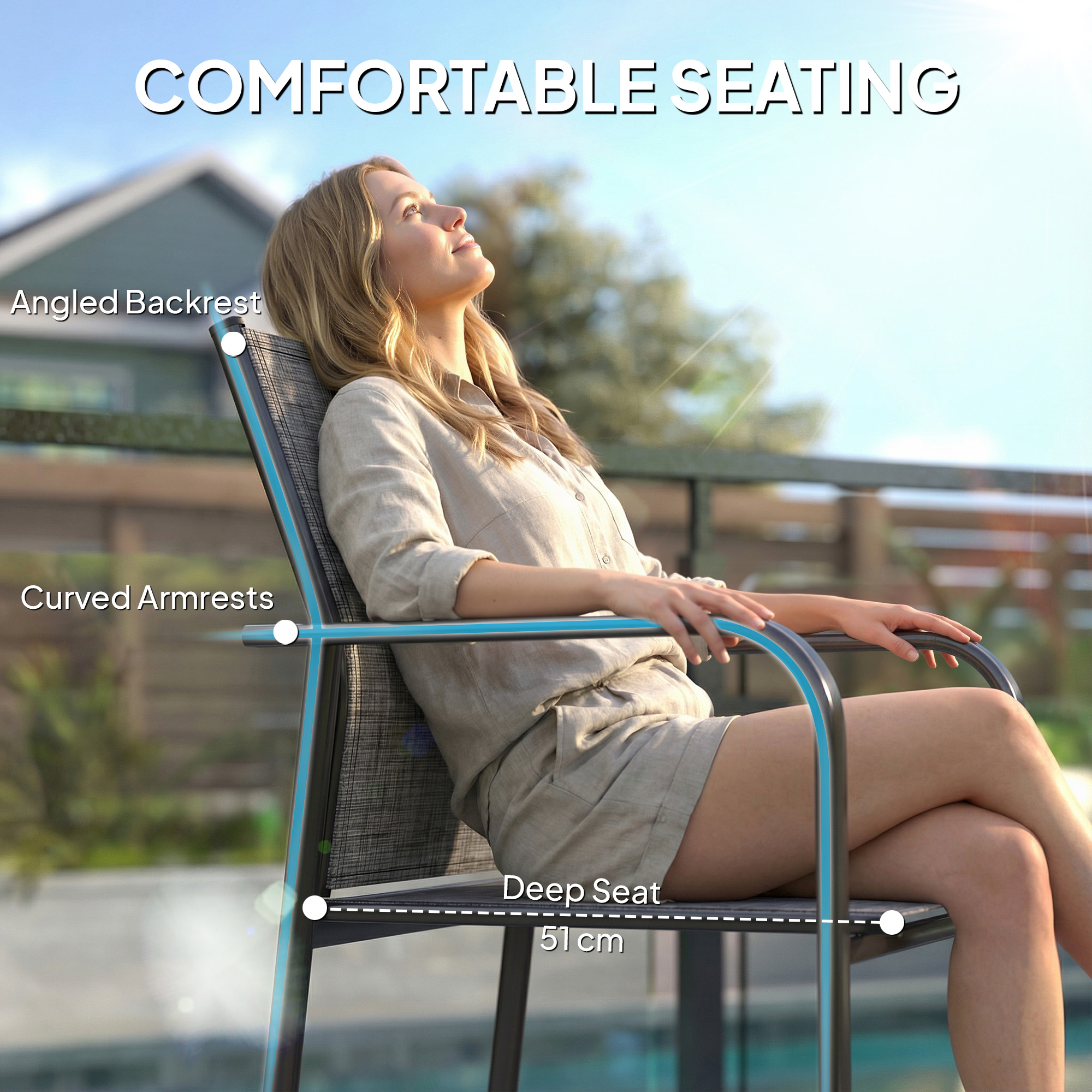 Stackable Patio Chairs Set of 4, Outdoor Dining Chairs with 20" Deep Seat, All Weather Breathable Mesh, Armrests, Grey - Image 3