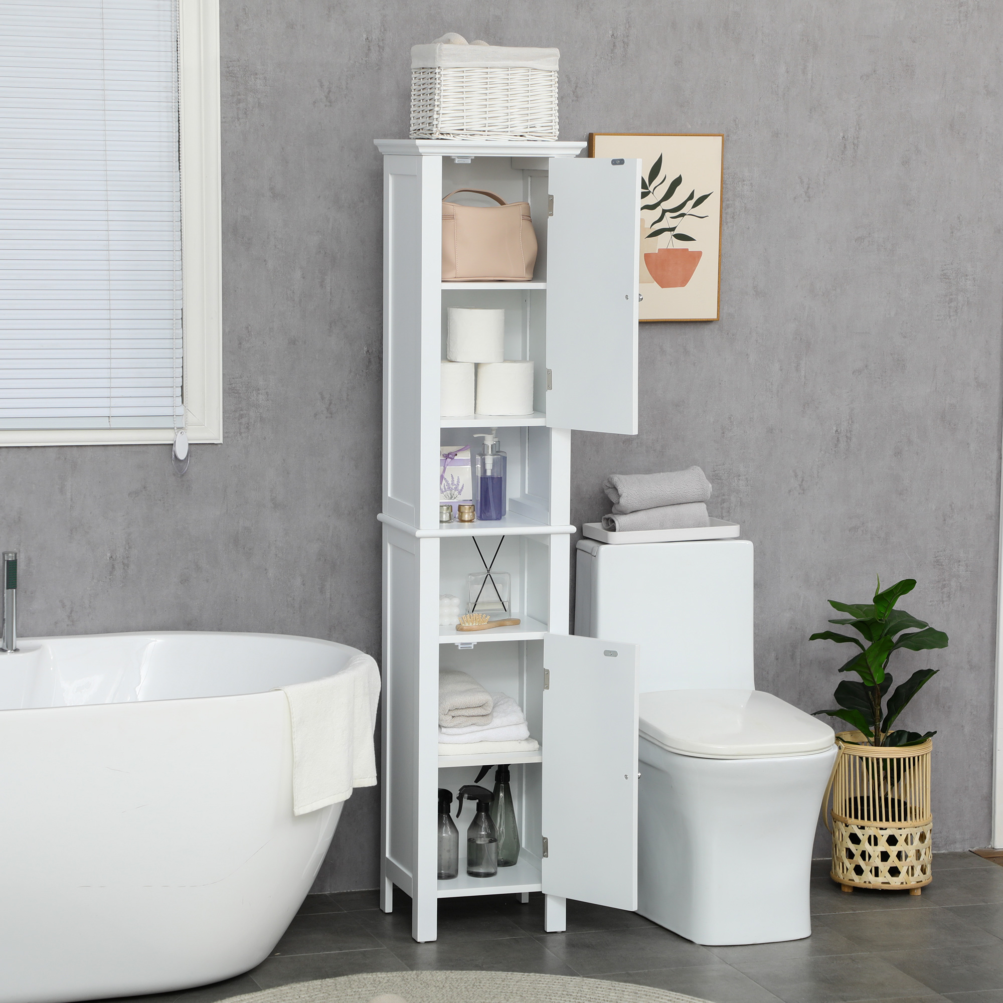 Bathroom Cabinet, Freestanding Linen Cabinet with Open Shelves, 13.8" x 11.8" x 62.4", White - Image 5