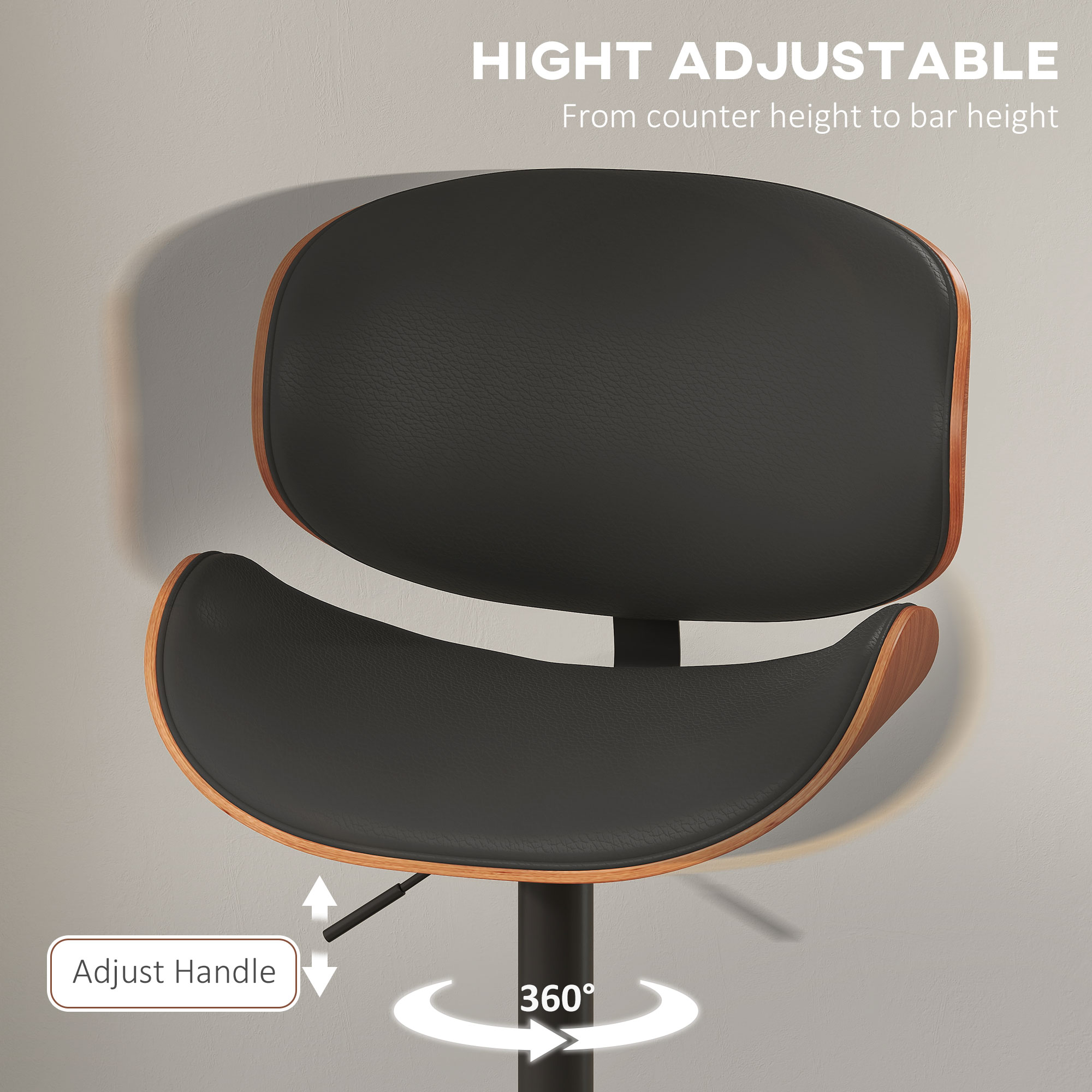 Bar Stools Set of 2, Modern PU Leather Adjustable Swivel Barstools with Curved Back, Footrest and Steel Base, Black - Image 3