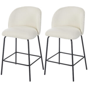 Set of 2 Counter Height Barstools, Upholstered Linen Bar Stools with Backrest, Footrest and Steel Legs, Cream White