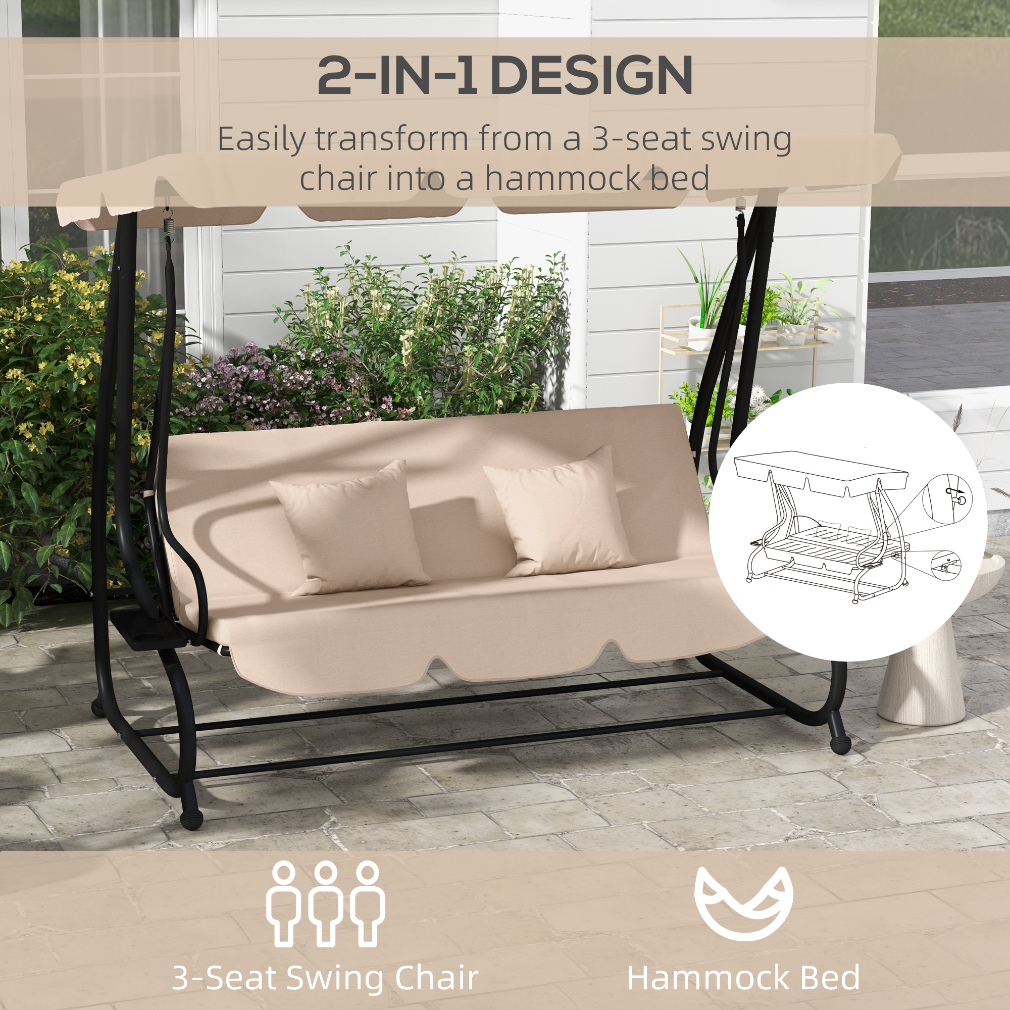3-Seat Outdoor Patio Swing Chair, 2-in-1 Convertible Flat Bed, Canopy Swing with Adjustable Shade, Removable Cushions, Cup Holder, Light Brown - Image 2