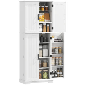 Tall Pantry Cabinet, 64" Storage Cabinet with Adjustable Shelves and 8 Door Spice Racks for Kitchen, Dining Room, White