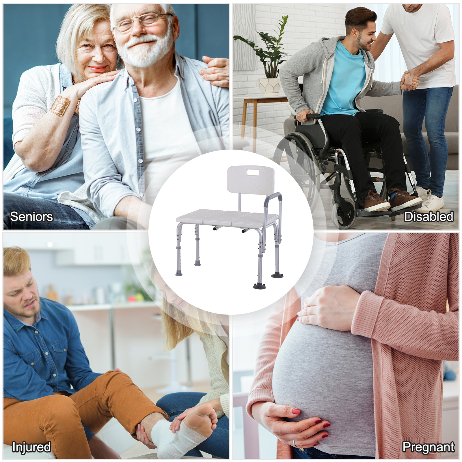 6-Level Adjustable Bath and Shower Transfer Bench Aluminum Chair with Non-Slip Feet, Armrest & Backrest White - Image 4