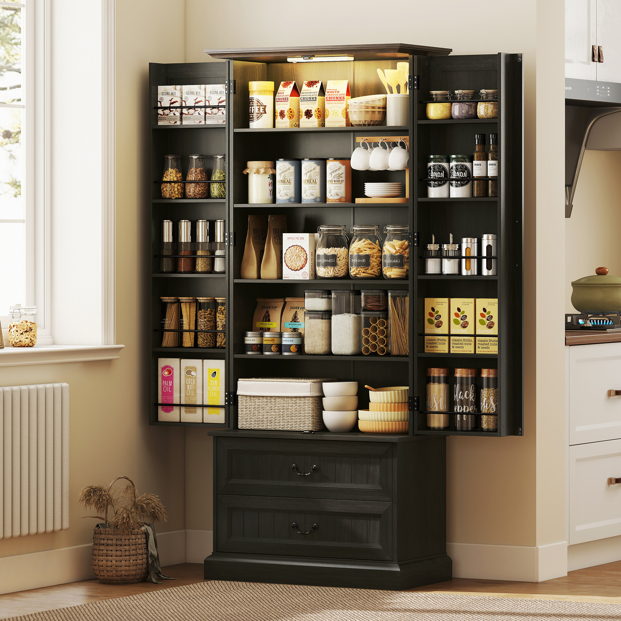 72" LED Kitchen Pantry Cabinet, Buffet Storage Cabinet with 10 Door Shelves, 2 Drawers and Adjustable Shelves, Black - Image 6