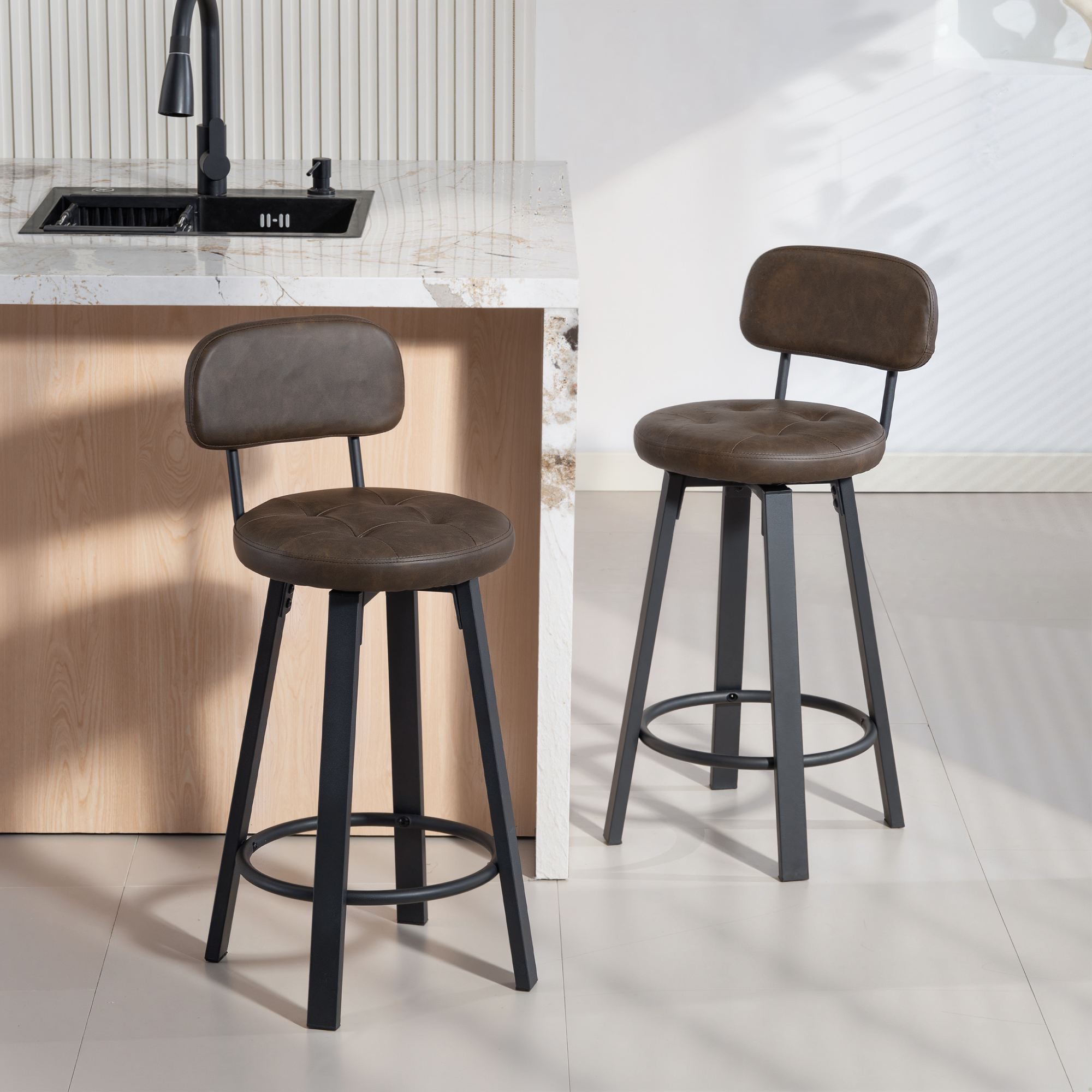 Bar Stools Set of 2, Upholstered Breakfast Bar Chairs with Footrest and Backrest for Kitchen Counter, Brown - Image 6