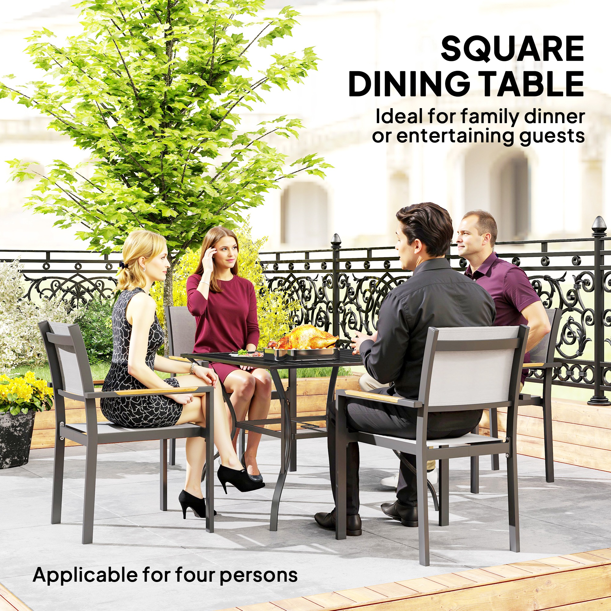 Outdoor Dining Table for Four, Patio Table with Parasol Hole, Square Garden Table with Slatted Metal Plate Top, for Backyard, Poolside, Black - Image 2