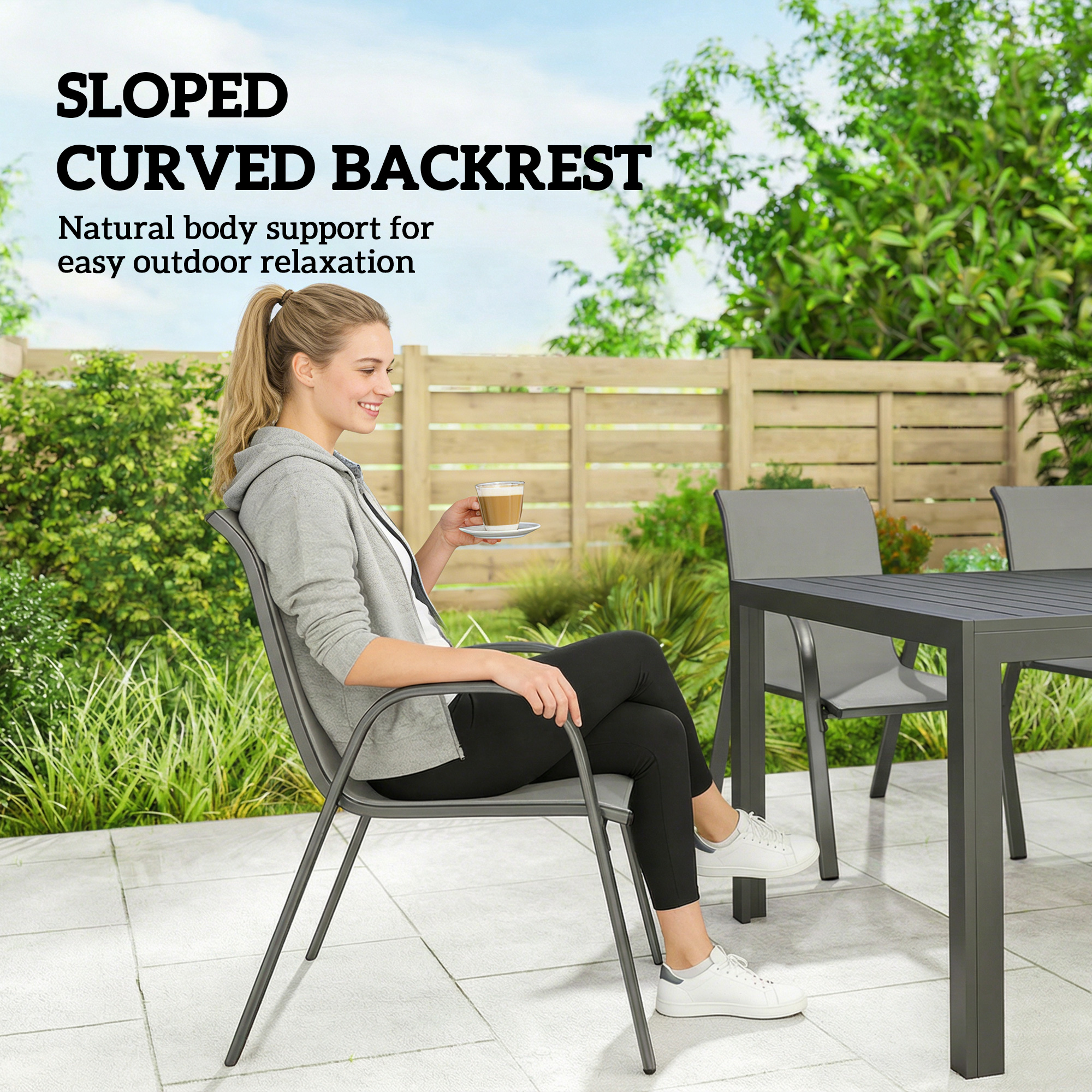 7 Pieces Outdoor Dining Set for 6, Patio Furniture Set with Rectangular Patio Table and Stackable Chairs, Light Grey - Image 4