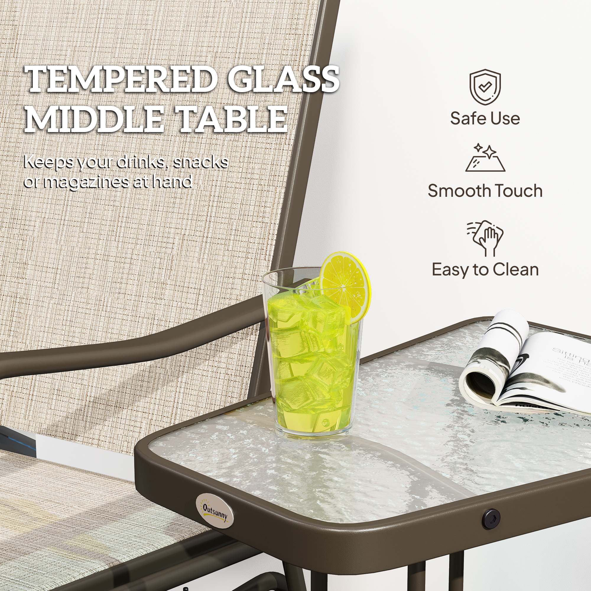 Double Patio Glider Chair with Glass Top Center Table, Outdoor Glider Loveseat with High Back, All Weather Breathable Mesh Fabric for Garden, Backyard, Deck, Light Brown - Image 4